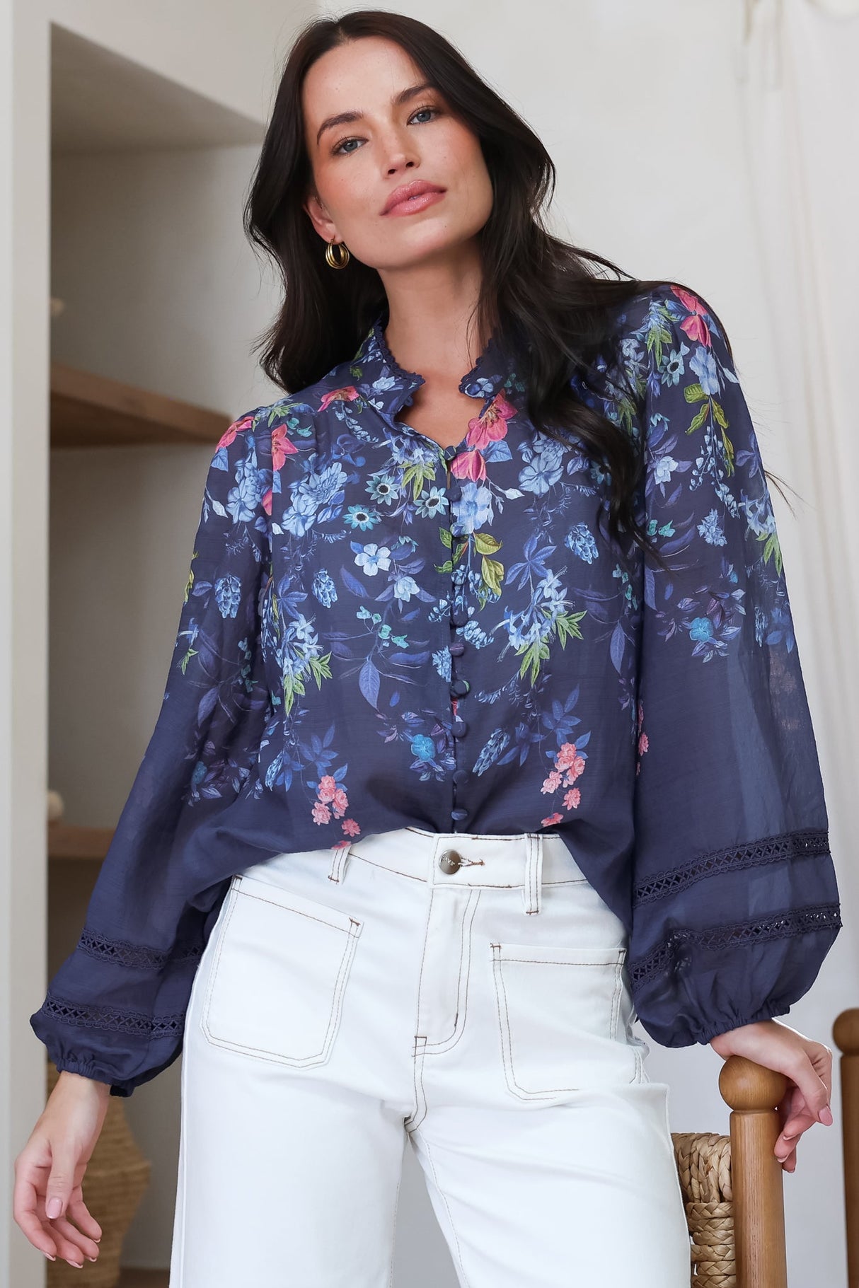 Model wearing Diandra Blouse in Elsie Print from Salty Crush