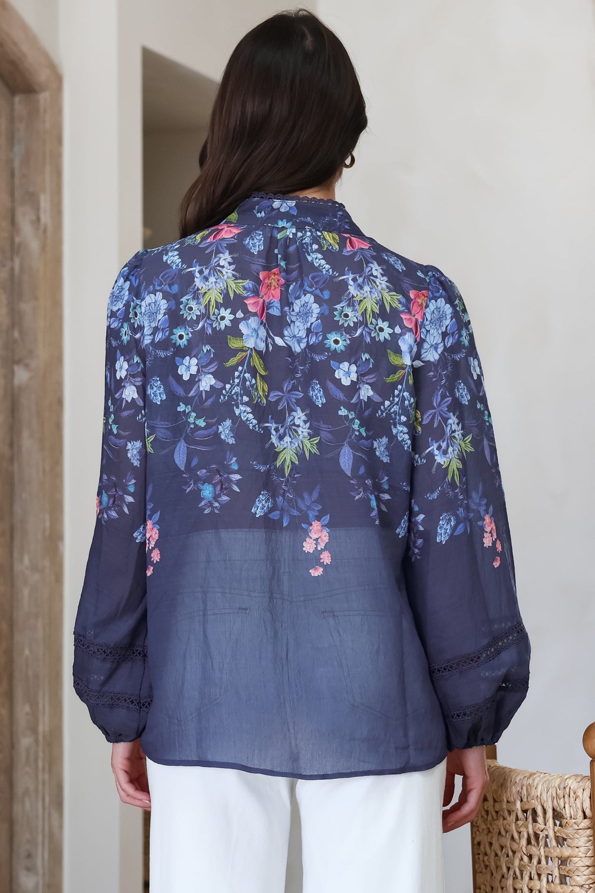 Diandra Blouse - Lace Trim Mandarin Collar Button Down with Balloon Sleeves in Elsie Print