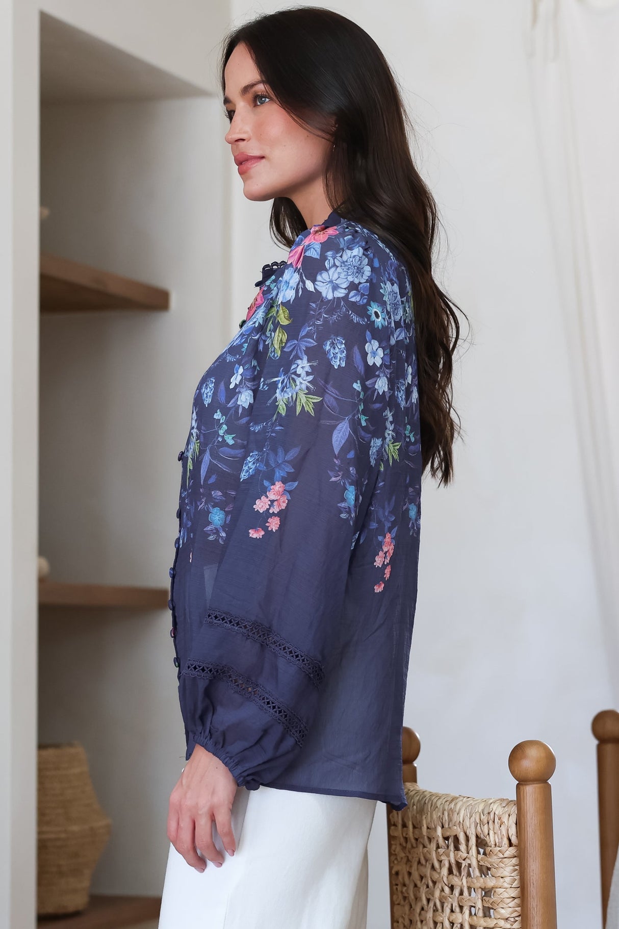 Diandra Blouse - Lace Trim Mandarin Collar Button Down with Balloon Sleeves in Elsie Print