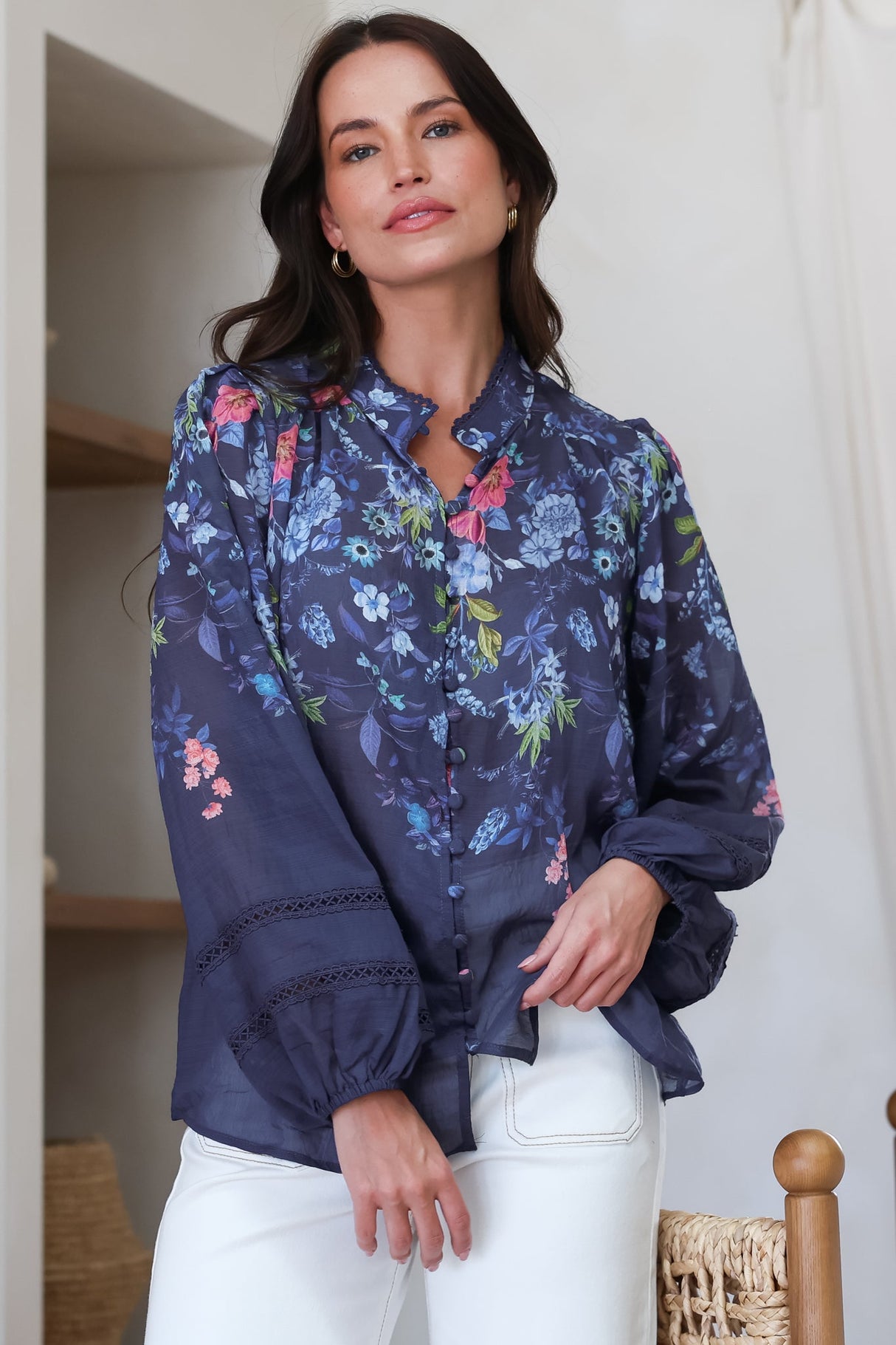 Diandra Blouse - Lace Trim Mandarin Collar Button Down with Balloon Sleeves in Elsie Print