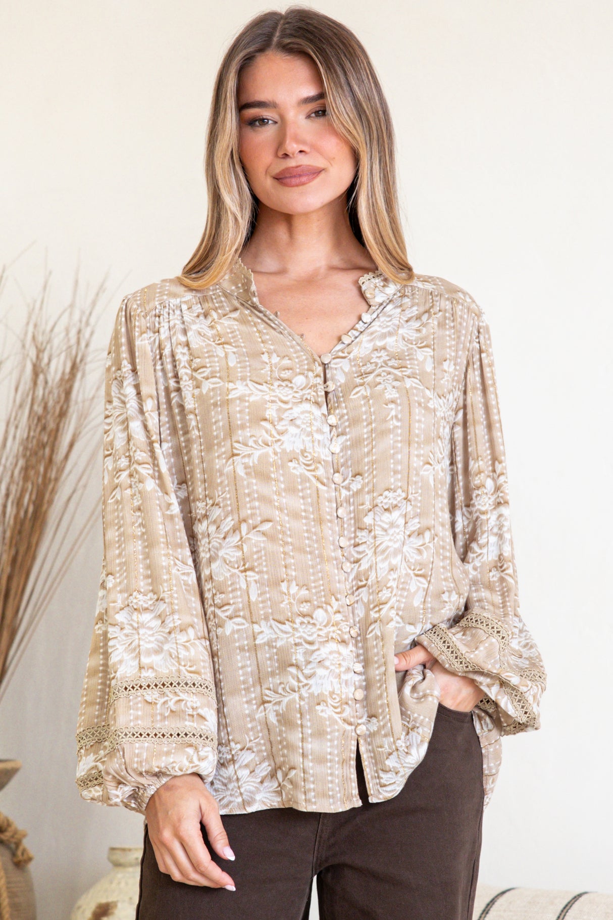 Diandra Blouse - Mandarin Collar Button Down with Lace Insert Detailing in Rossa Print