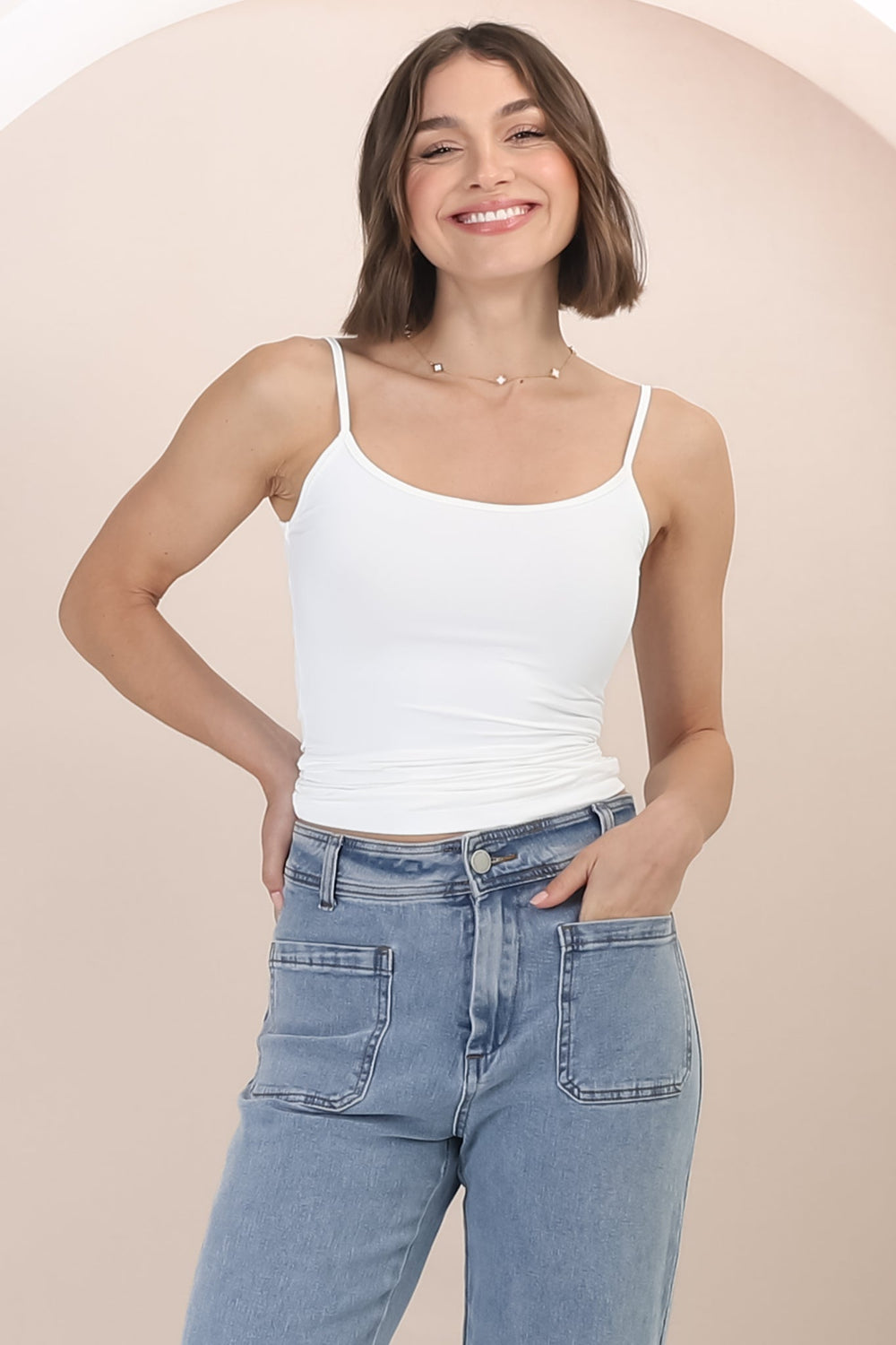 Dila Cami - Scoop Neckline Long Cami with Spaghetti Straps in White