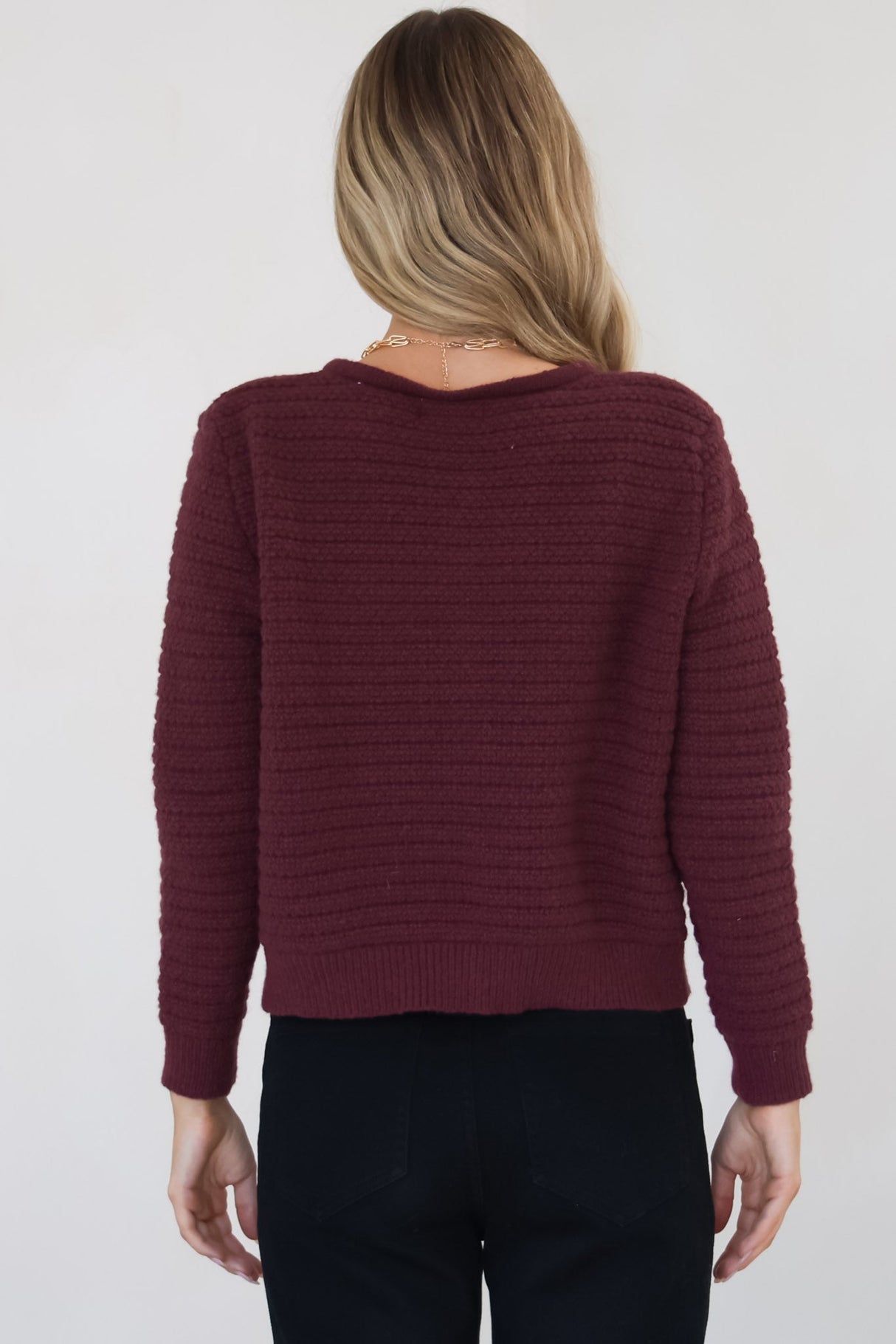 Dionne Cardigan - Thick Round Neck Gold Button Down Cardigan in Wine