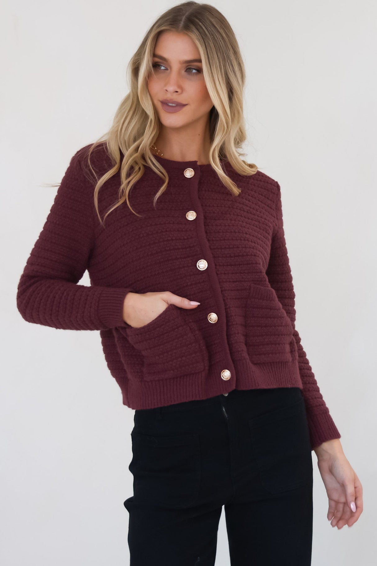 Dionne Cardigan - Thick Round Neck Gold Button Down Cardigan in Wine