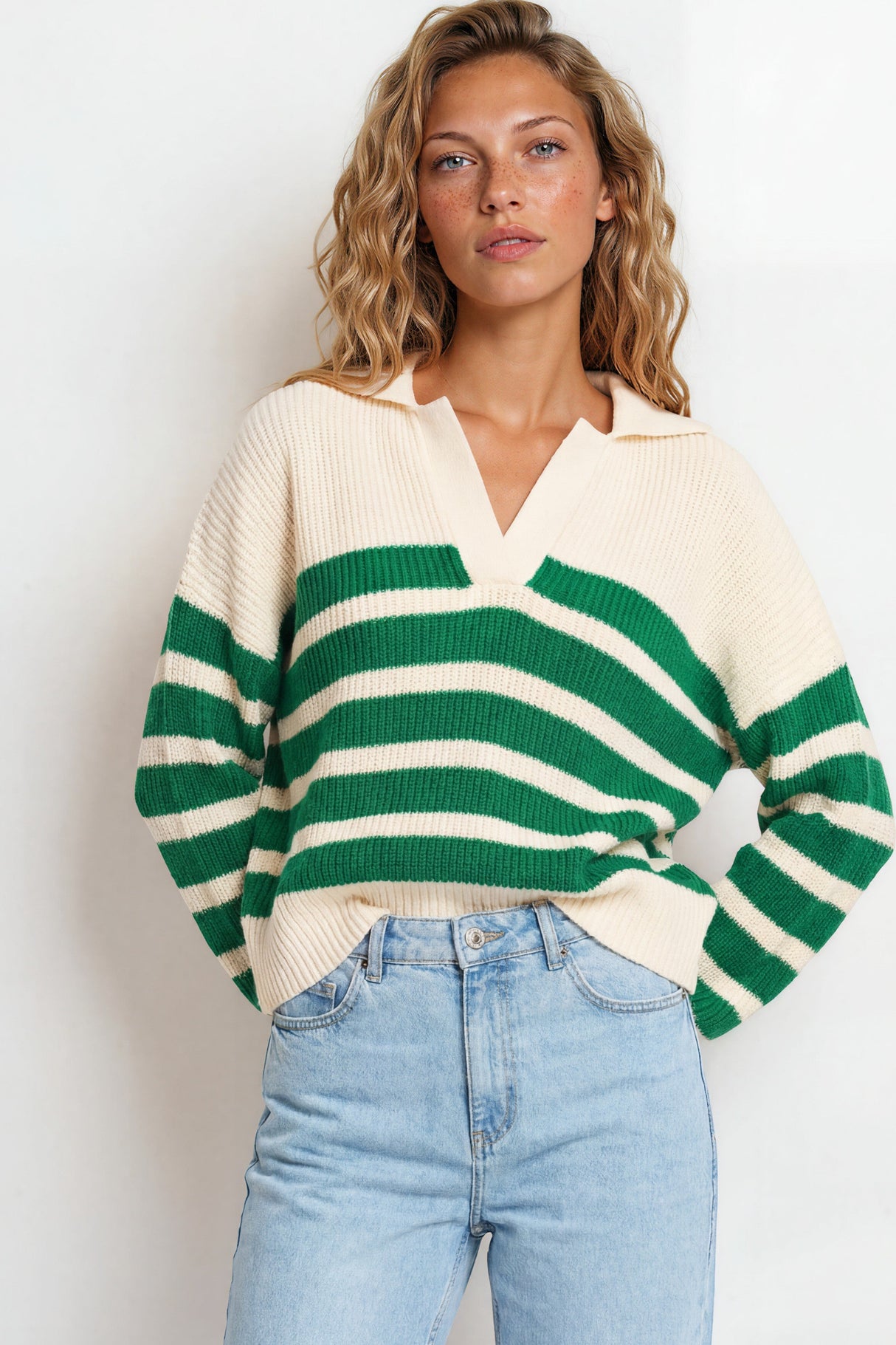 Model wearing Dixon Jumper in Cream/Green from Salty Crush