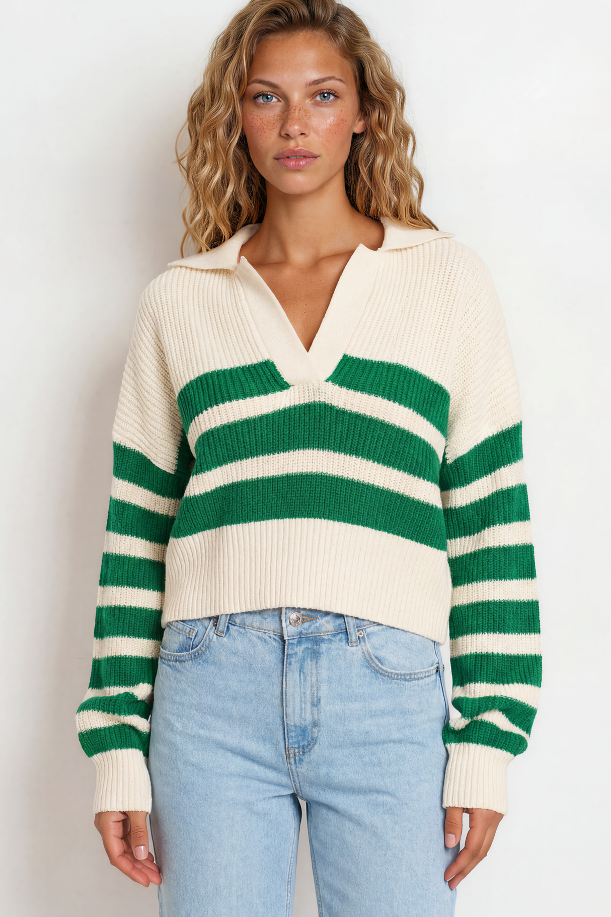 Model wearing Dixon Jumper in Cream/Green from Salty Crush