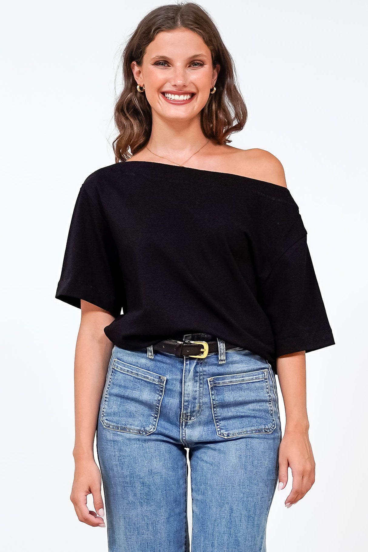 Dolce Top - Asymmetric Neckline Boxy Top with Side Split in Black