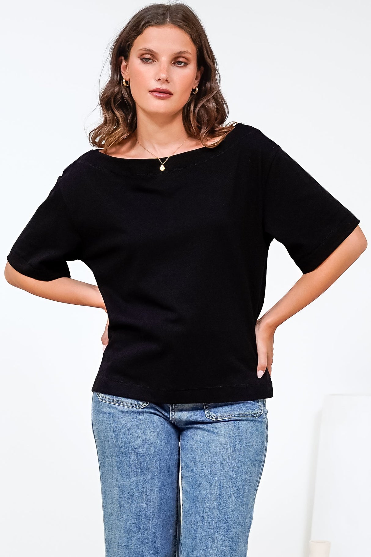 Dolce Top - Asymmetric Neckline Boxy Top with Side Split in Black