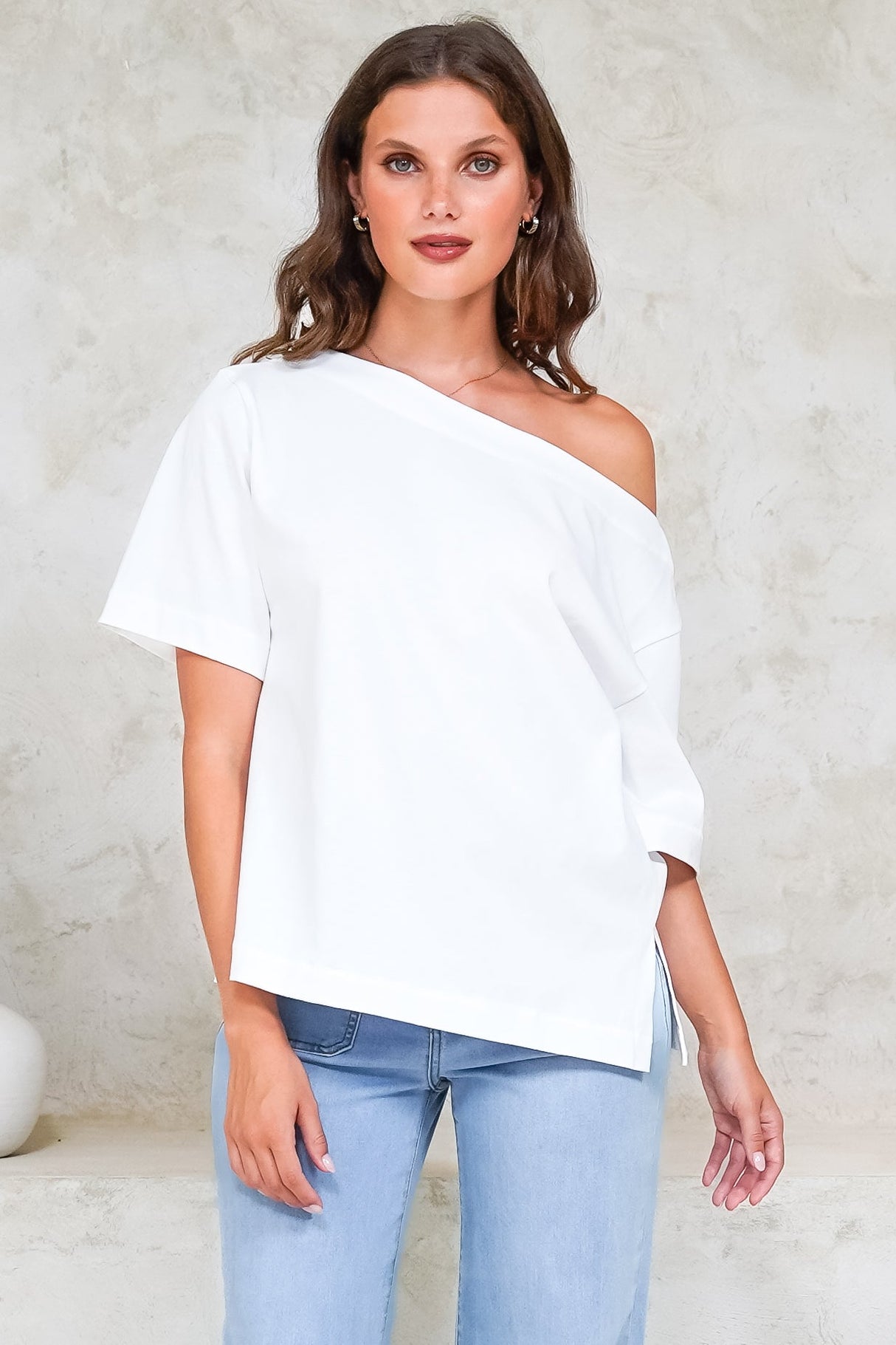 Dolce Top - Asymmetric Neckline Boxy Top with Side Split in White