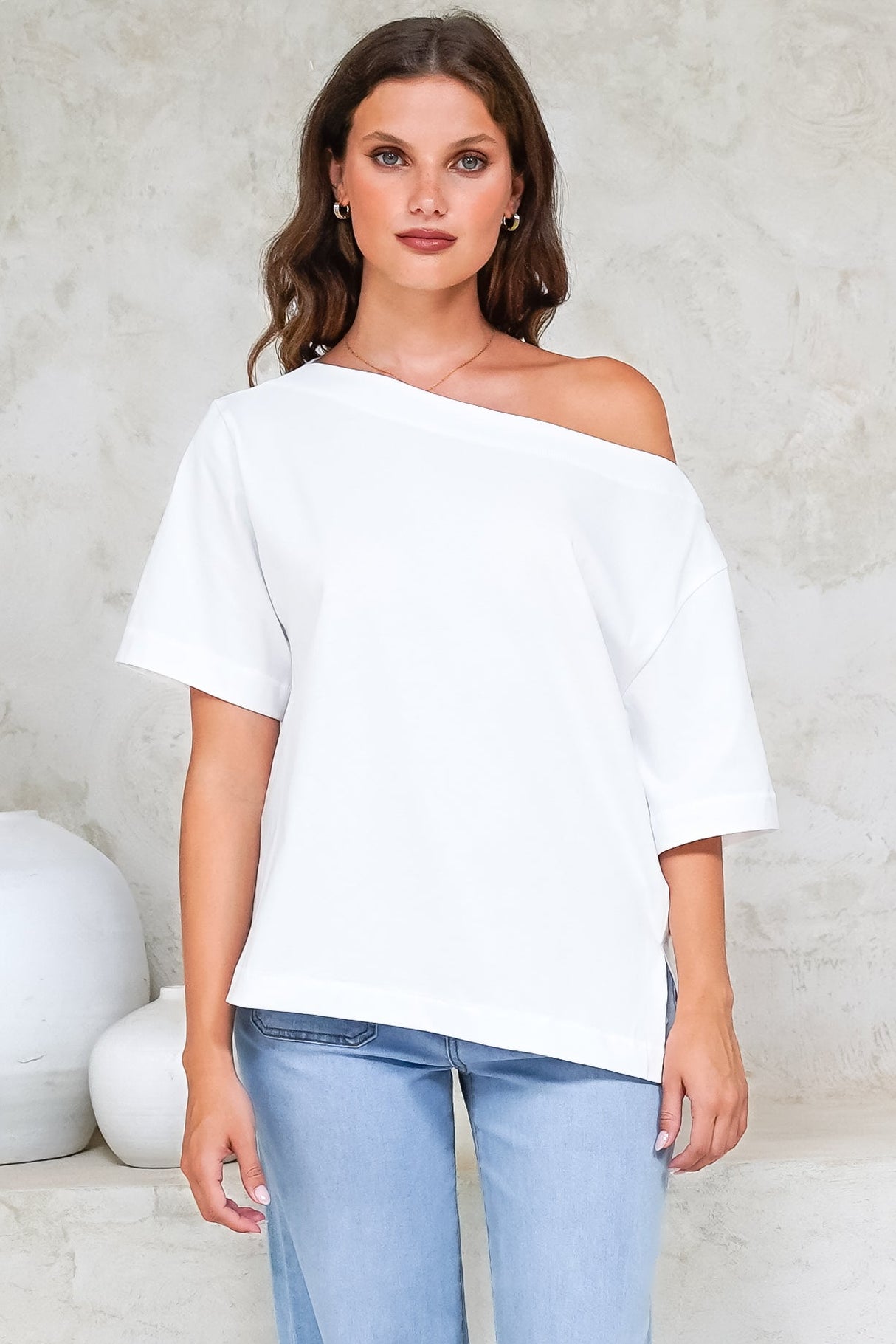 Dolce Top - Asymmetric Neckline Boxy Top with Side Split in White