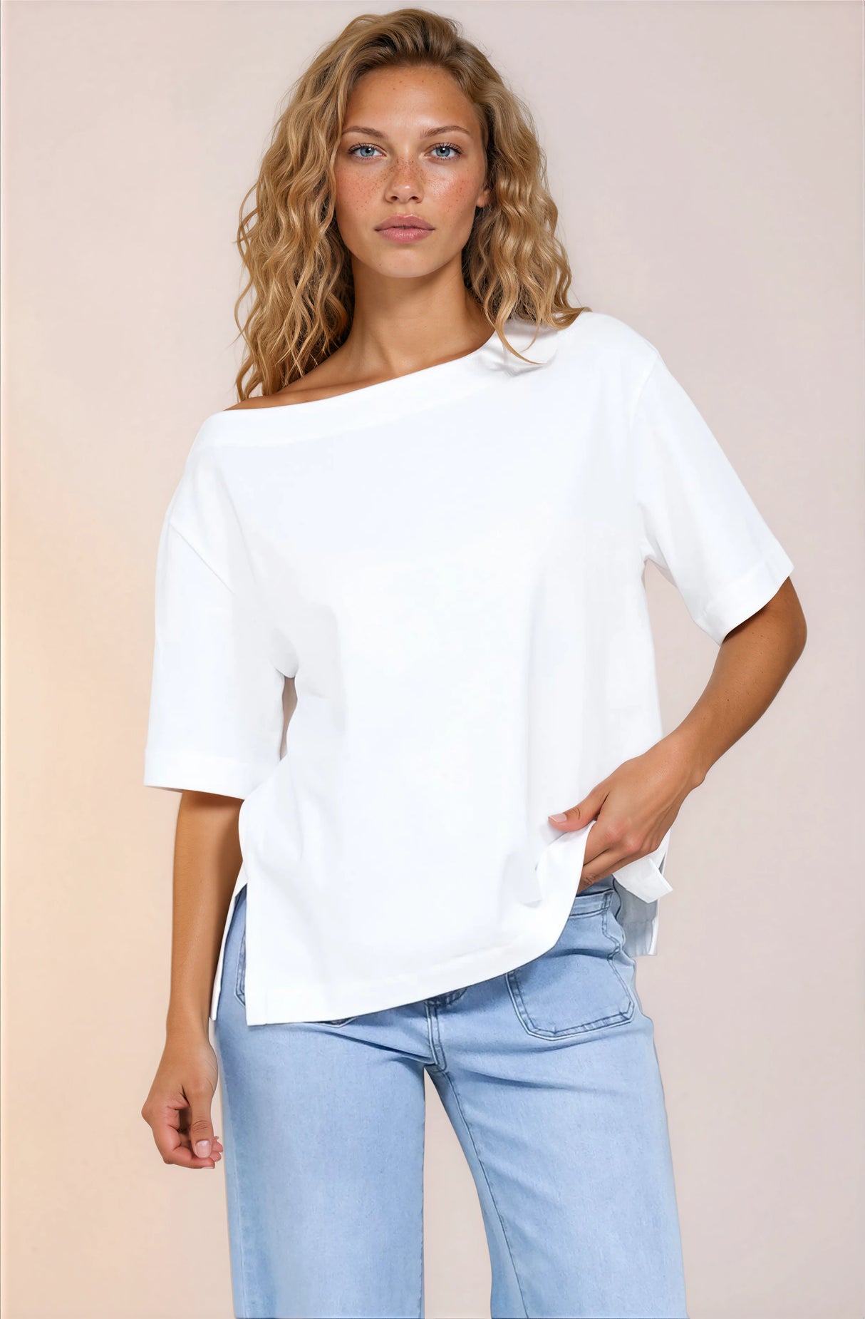 Dolce Top - Asymmetric Neckline Boxy Top with Side Split in White