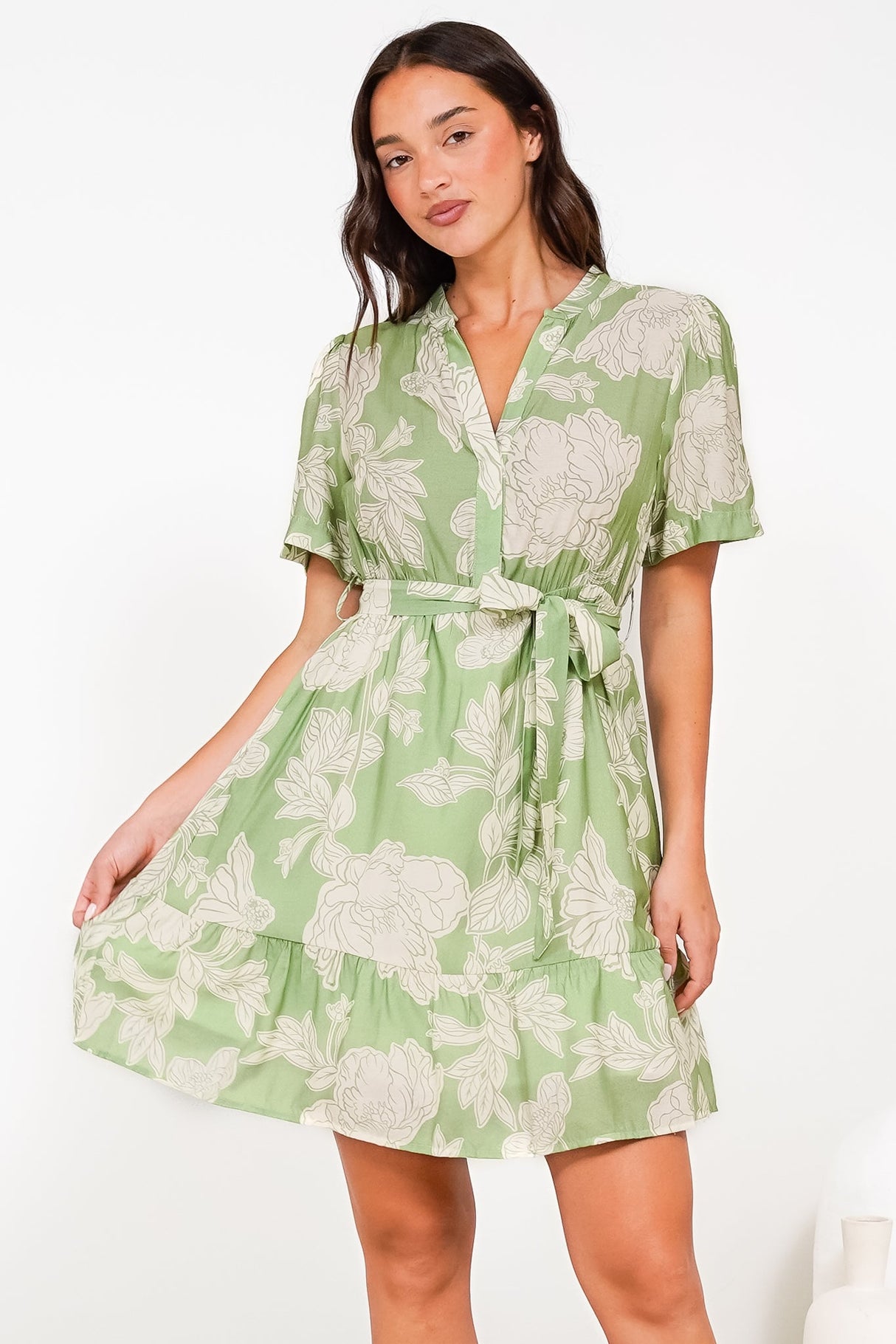 Dolly Mini Dress - Mandarin Collar A-Line Dress with Waist Tie in Byron Print Green