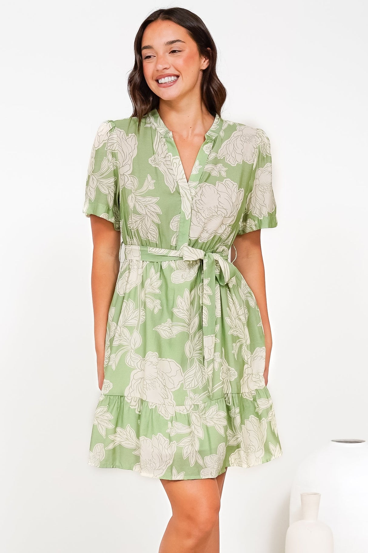 Dolly Mini Dress - Mandarin Collar A-Line Dress with Waist Tie in Byron Print Green