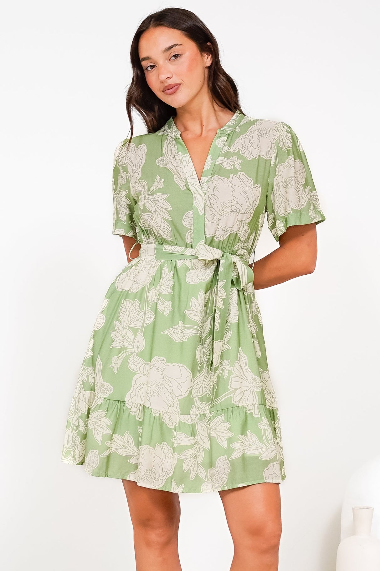 Dolly Mini Dress - Mandarin Collar A-Line Dress with Waist Tie in Byron Print Green