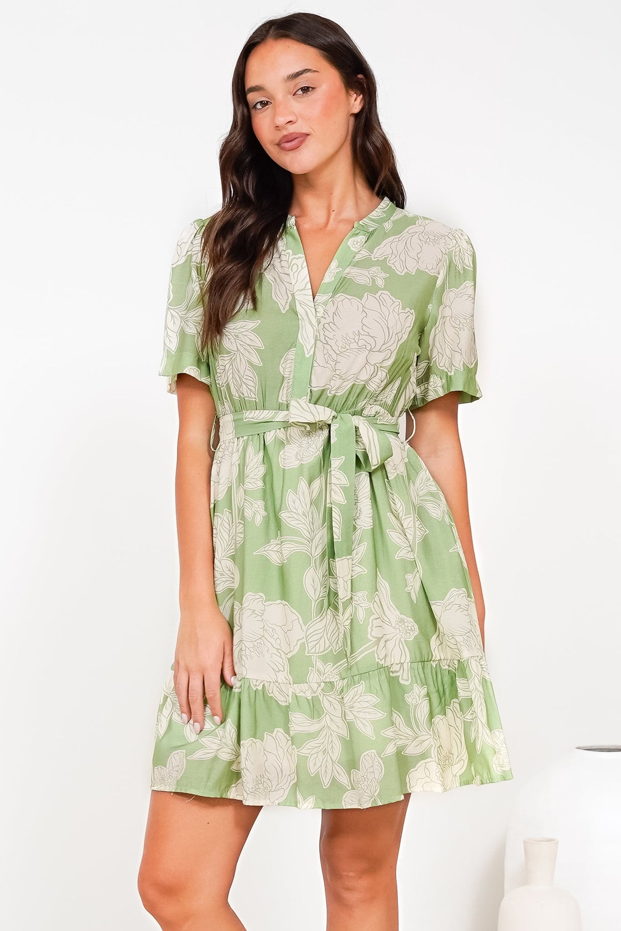 Dolly Mini Dress - Mandarin Collar A-Line Dress with Waist Tie in Byron Print Green