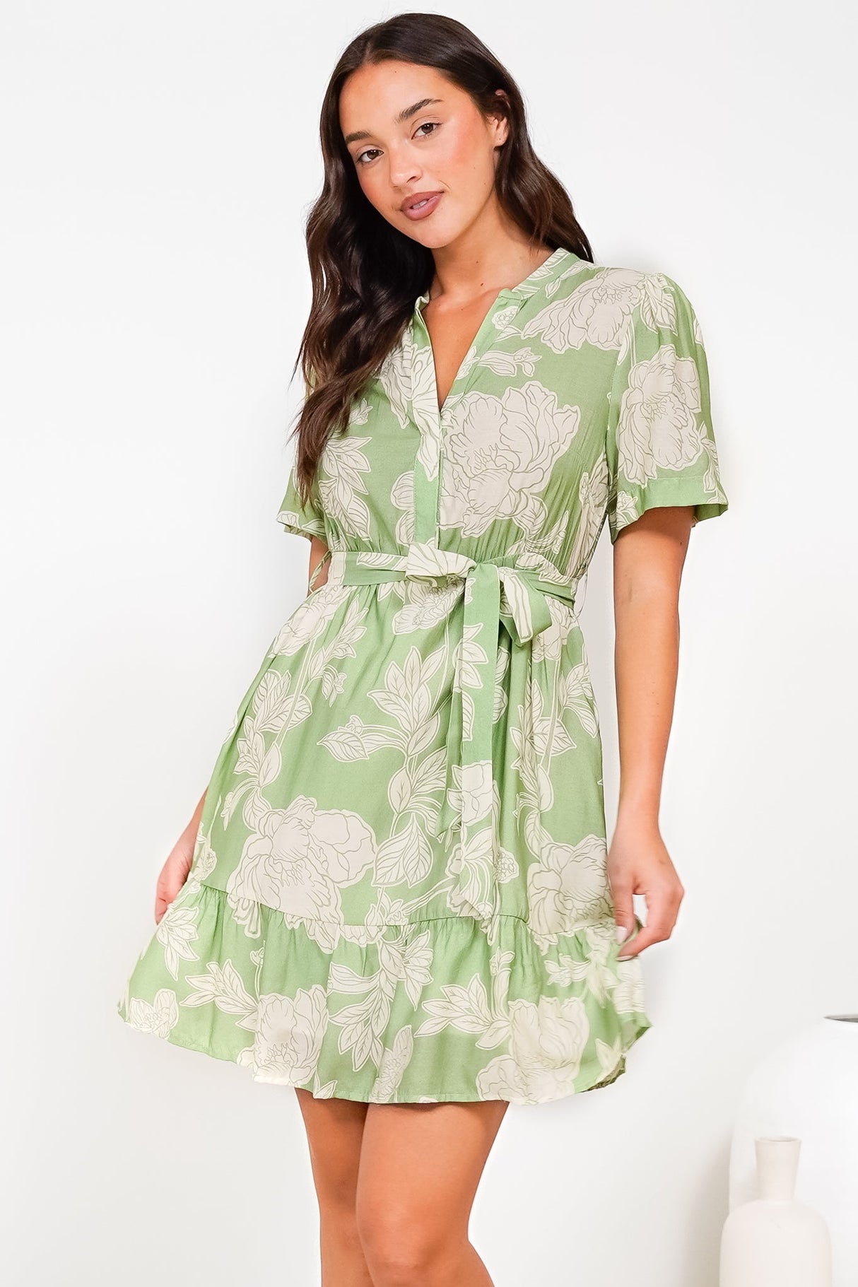 Dolly Mini Dress - Mandarin Collar A-Line Dress with Waist Tie in Byron Print Green
