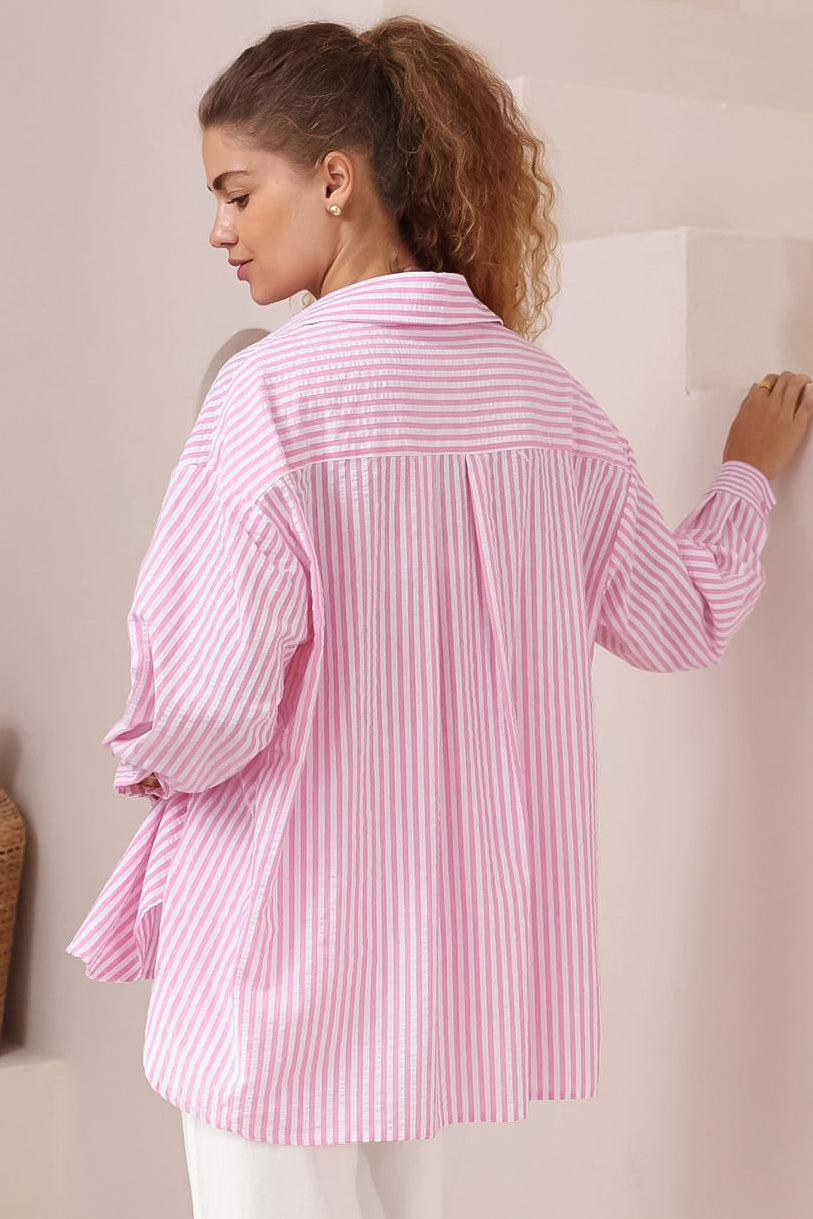 Doran Shirt - Oversized Buttoned Down Stripe Cotton Shirt in Pink