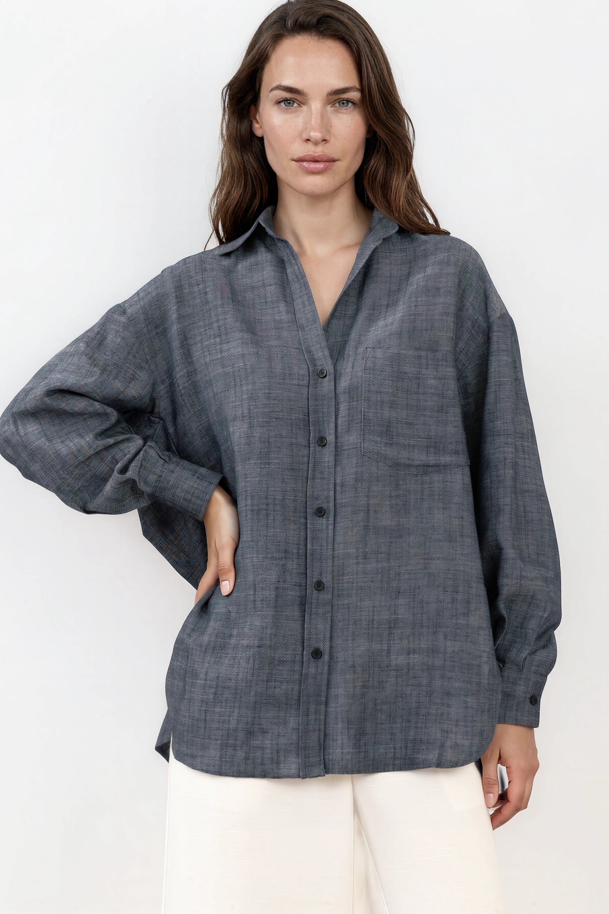 Model wearing Doran Shirt in Indigo from Salty Crush