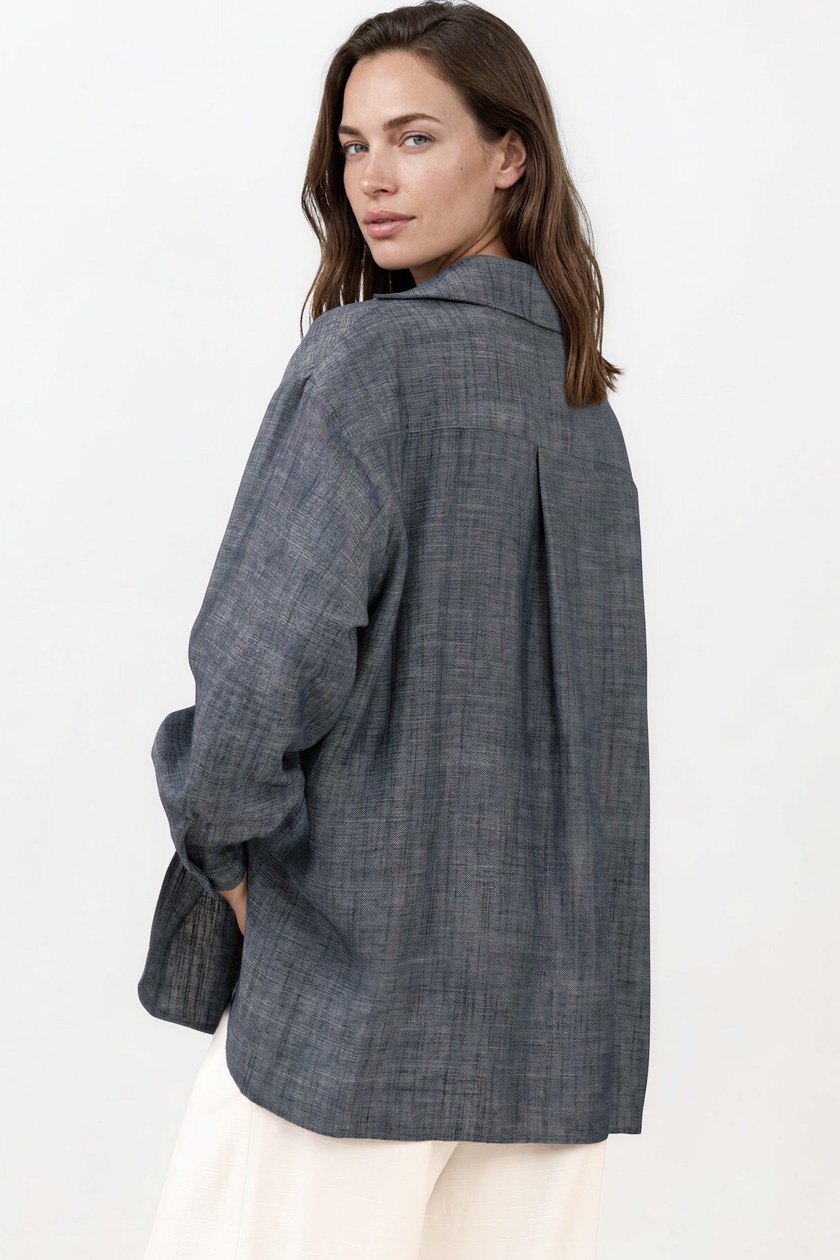 Model wearing Doran Shirt in Indigo from Salty Crush