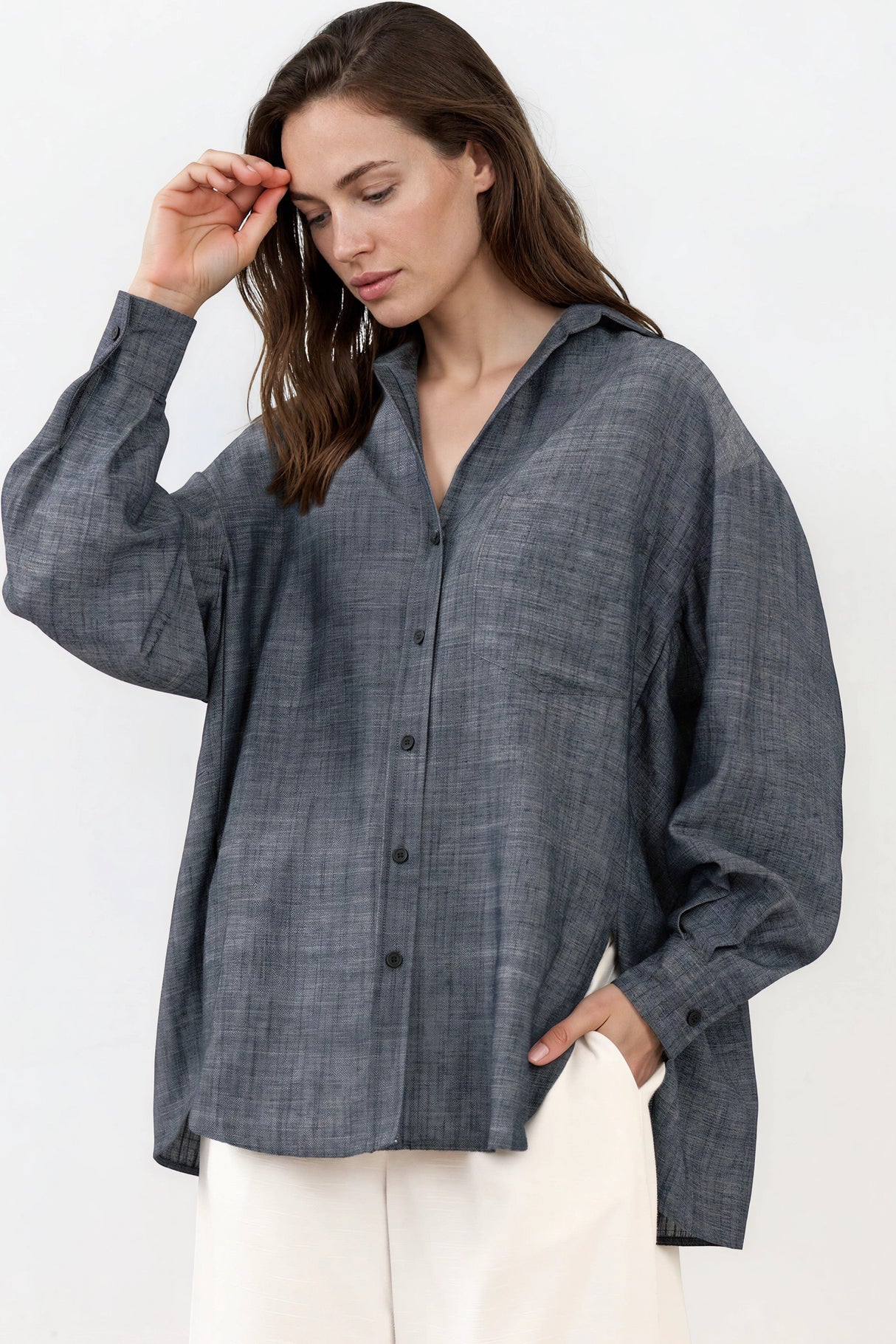 Model wearing Doran Shirt in Indigo from Salty Crush