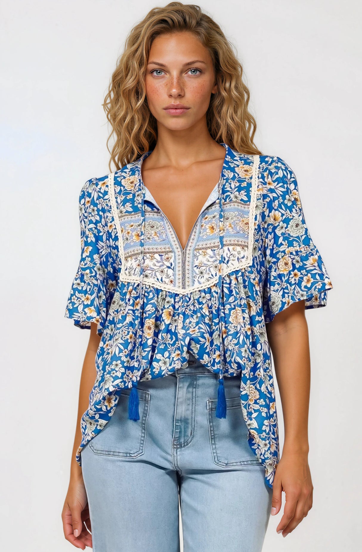 Dove Top - Relaxed Yoke Bodice Pull Over with Short Sleeves in Wynona Print Blue