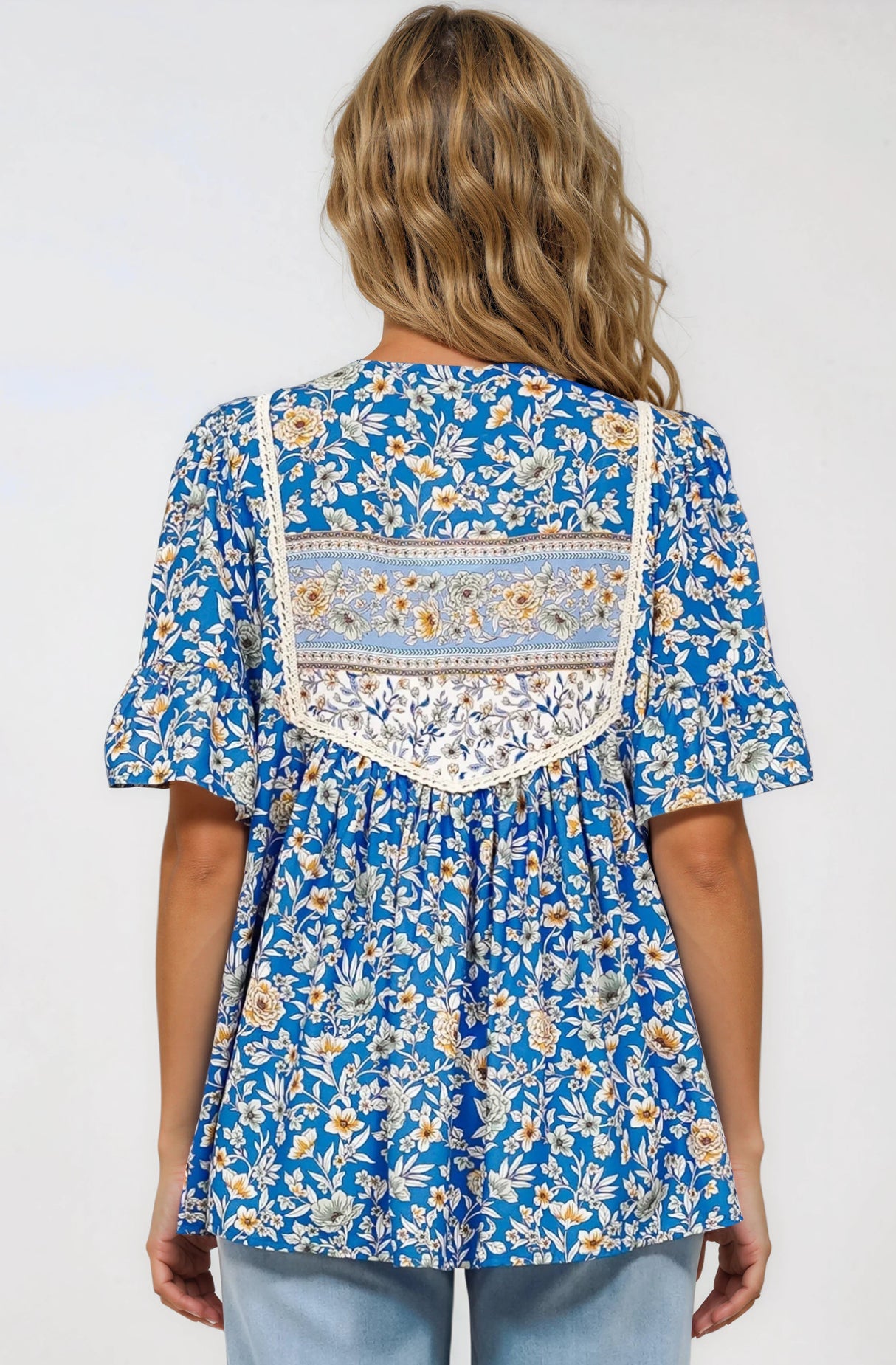 Dove Top - Relaxed Yoke Bodice Pull Over with Short Sleeves in Wynona Print Blue