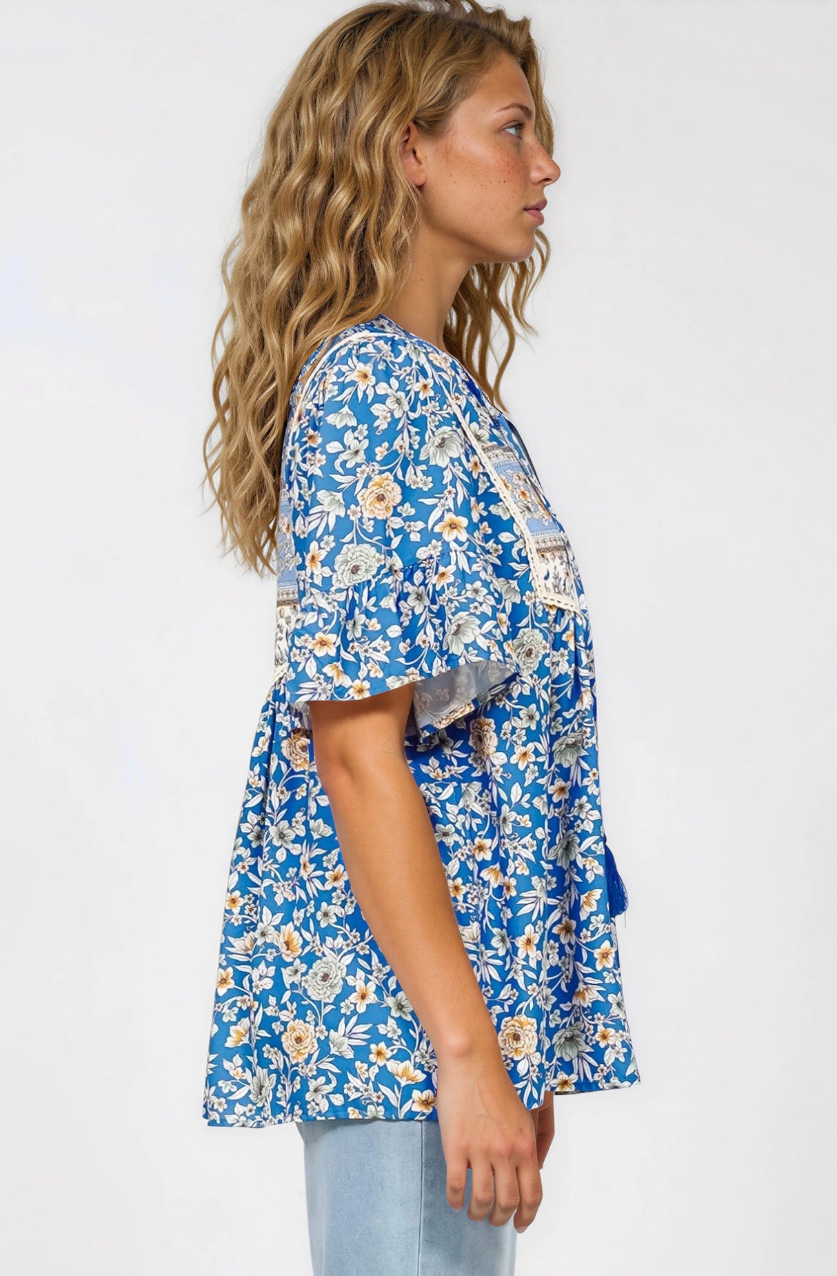 Dove Top - Relaxed Yoke Bodice Pull Over with Short Sleeves in Wynona Print Blue