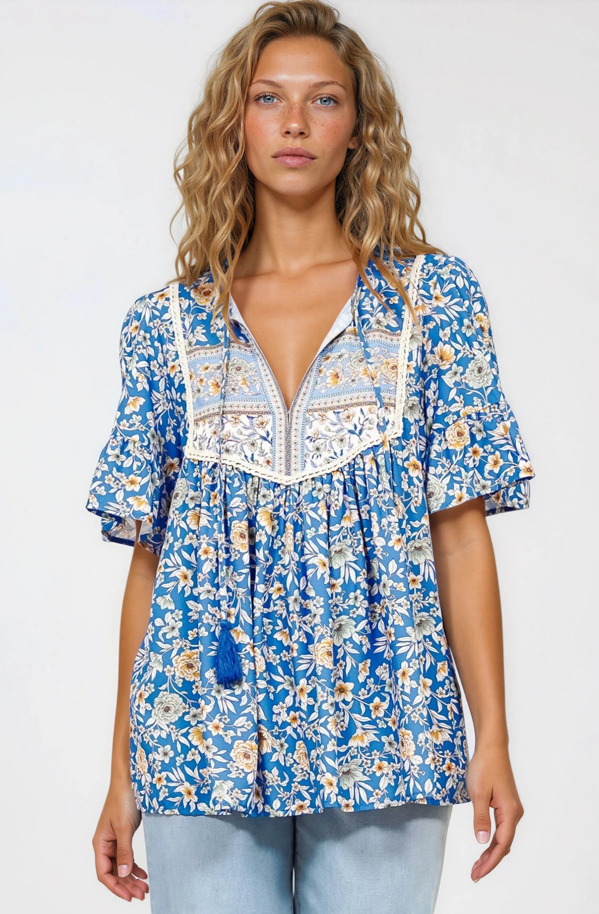 Dove Top - Relaxed Yoke Bodice Pull Over with Short Sleeves in Wynona Print Blue