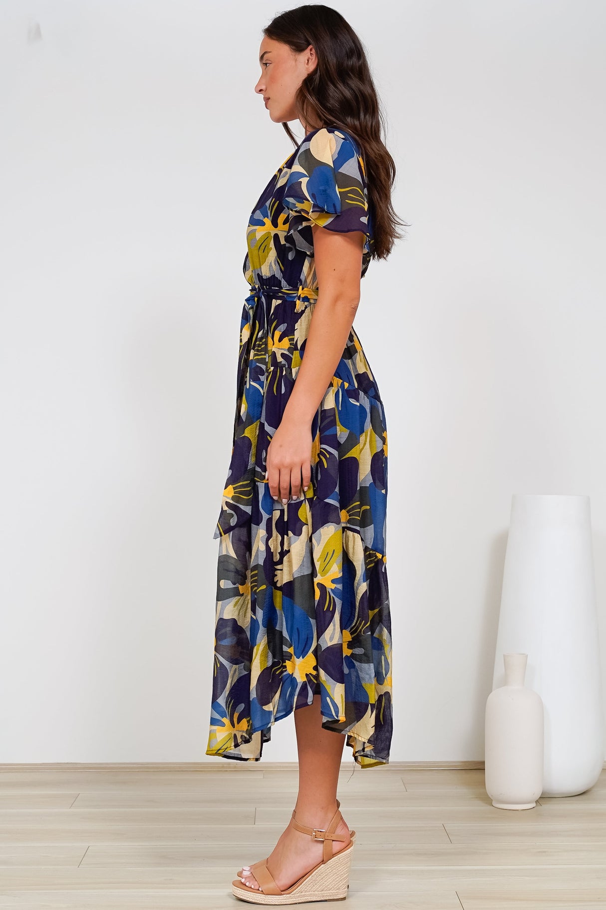 Drea Midi Dress - Cap Sleeve Tiered Dress with Scoop Hemline in Estelle Print