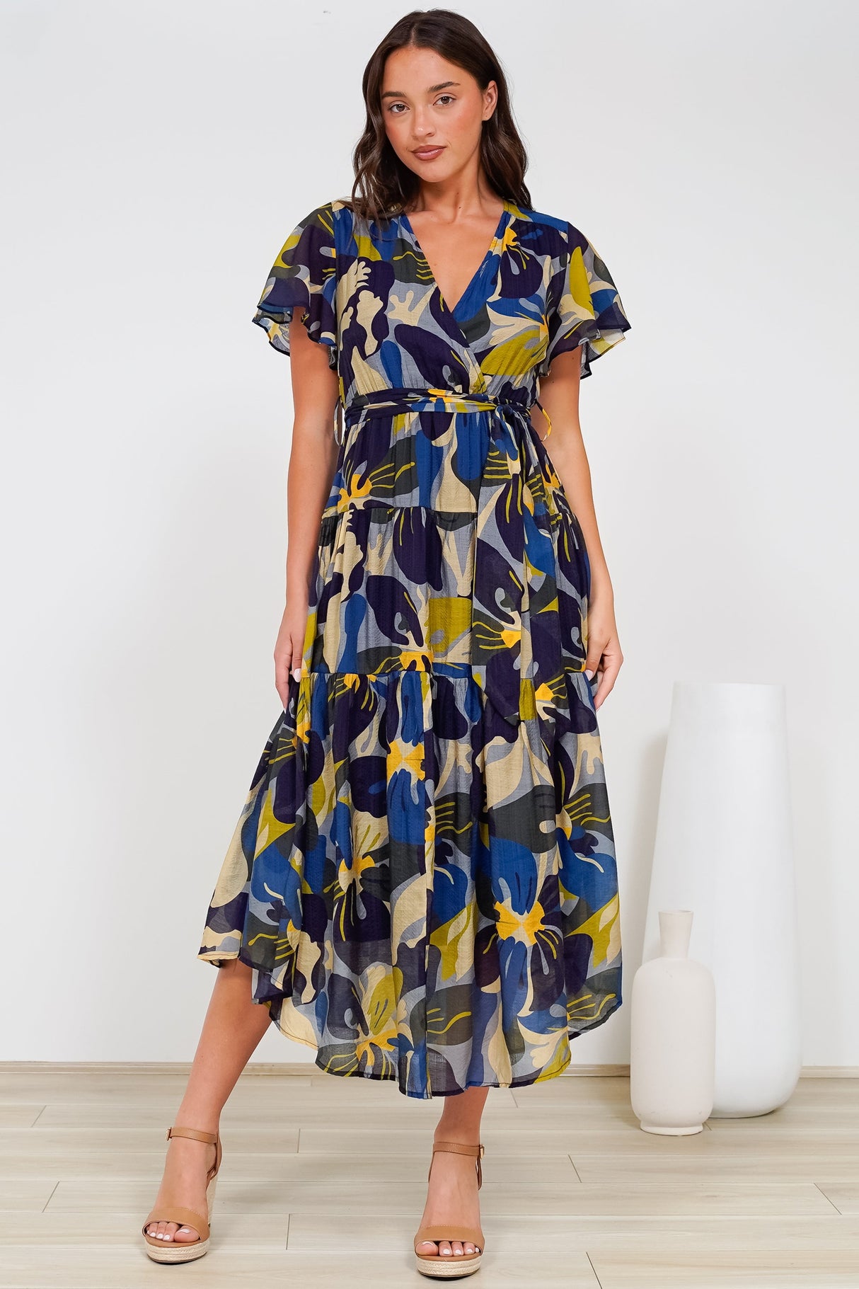 Drea Midi Dress - Cap Sleeve Tiered Dress with Scoop Hemline in Estelle Print