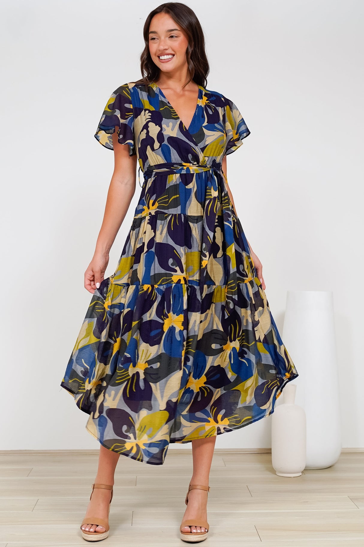 Drea Midi Dress - Cap Sleeve Tiered Dress with Scoop Hemline in Estelle Print