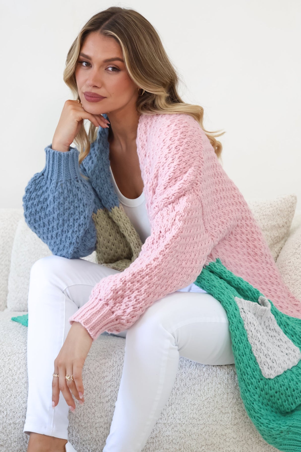 Drew Cardigan - Waffle Knit Colour Block Cardigan in Pink/Sage