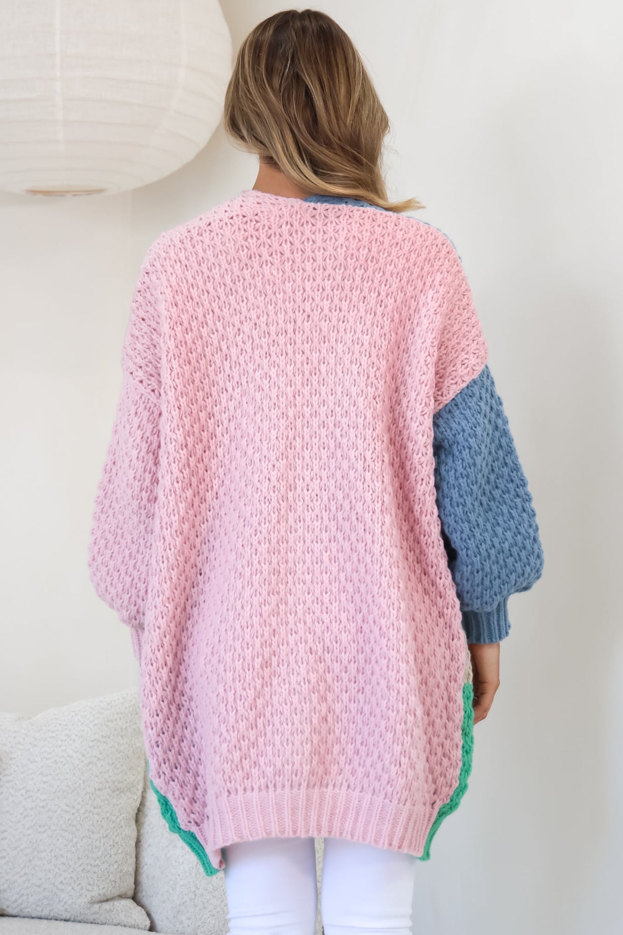 Drew Cardigan - Waffle Knit Colour Block Cardigan in Pink/Sage