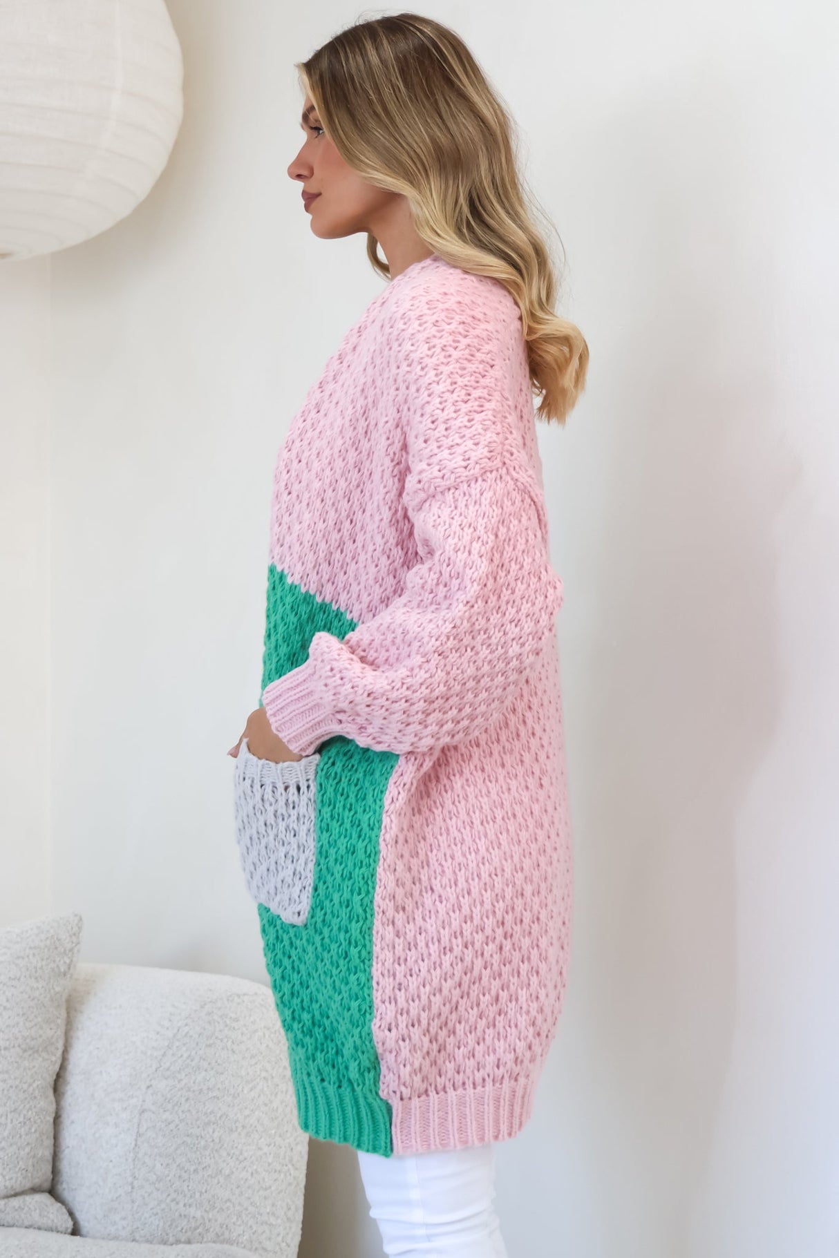 Drew Cardigan - Waffle Knit Colour Block Cardigan in Pink/Sage