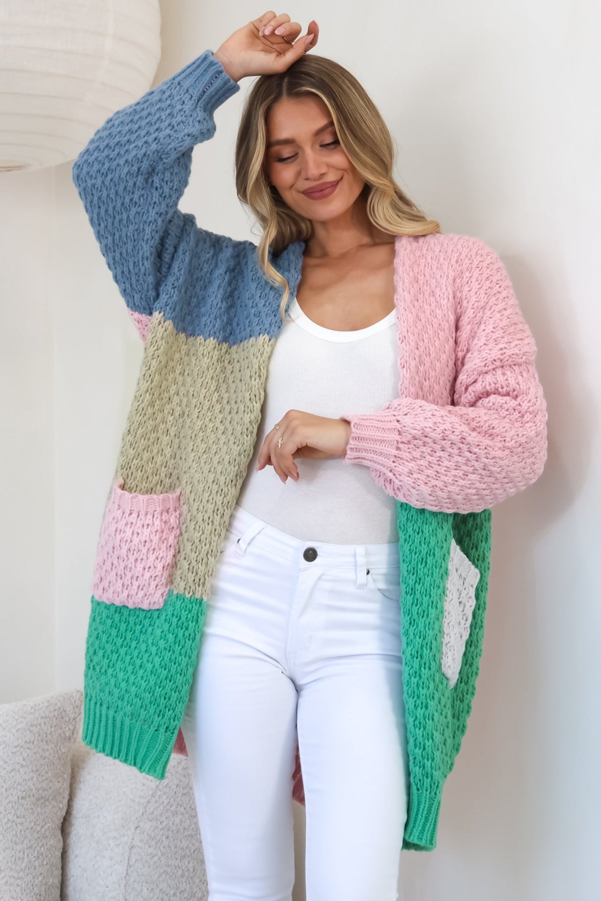 Drew Cardigan - Waffle Knit Colour Block Cardigan in Pink/Sage