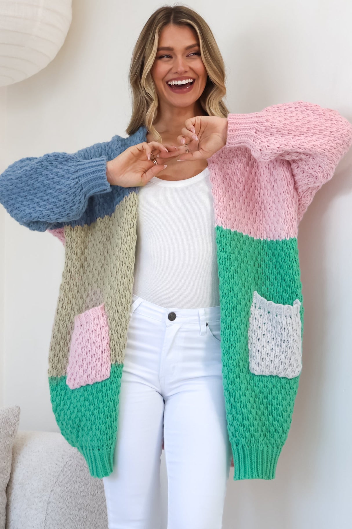 Drew Cardigan - Waffle Knit Colour Block Cardigan in Pink/Sage
