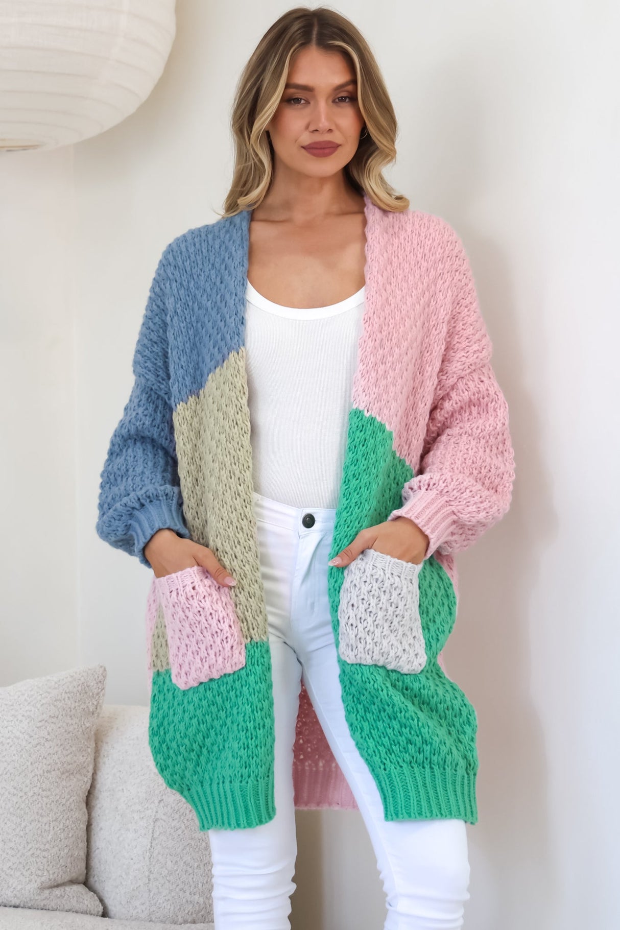 Drew Cardigan - Waffle Knit Colour Block Cardigan in Pink/Sage