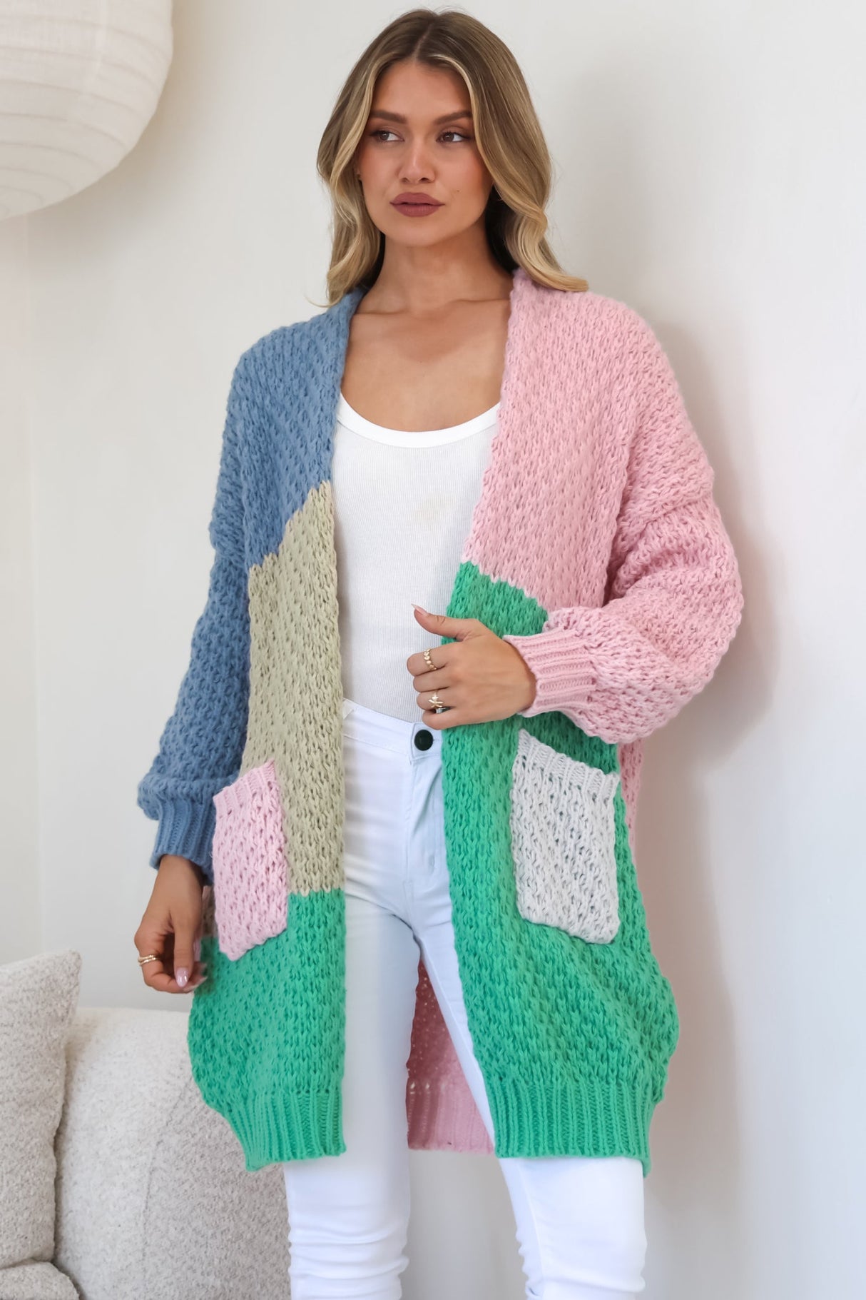 Drew Cardigan - Waffle Knit Colour Block Cardigan in Pink/Sage