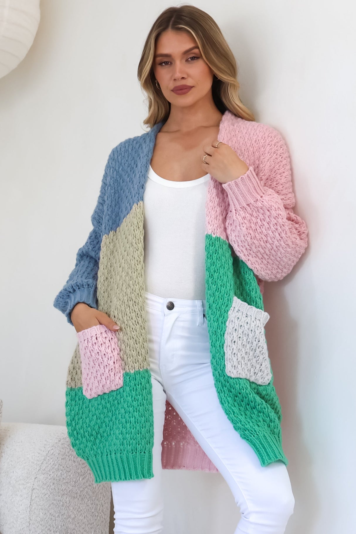Drew Cardigan - Waffle Knit Colour Block Cardigan in Pink/Sage