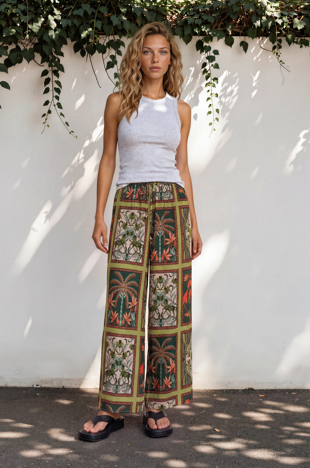 Woman wearing a white tank top and patterned pants standing against a white wall with greenery.