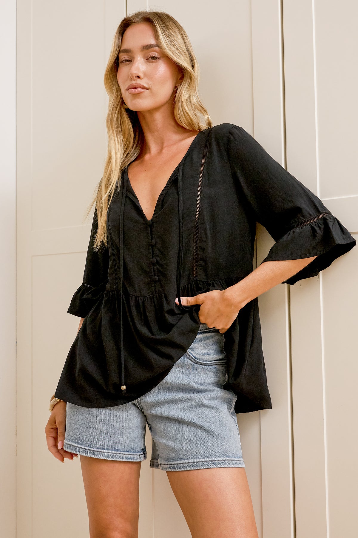 Dustin Top - Tie Neck Button Bodice Peplum Top with Frill Cuff 3/4 Sleeves in Black