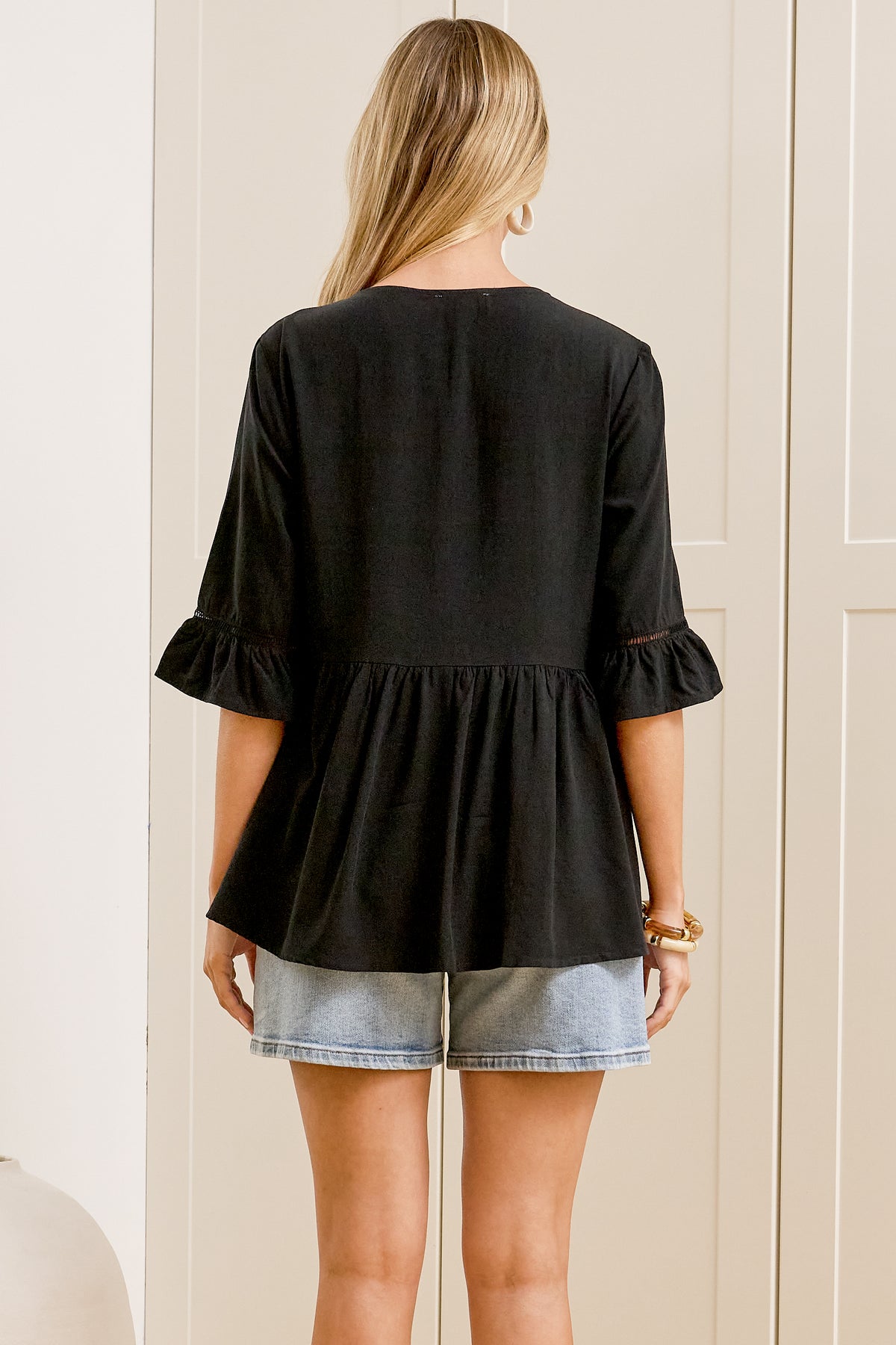 Dustin Top - Tie Neck Button Bodice Peplum Top with Frill Cuff 3/4 Sleeves in Black