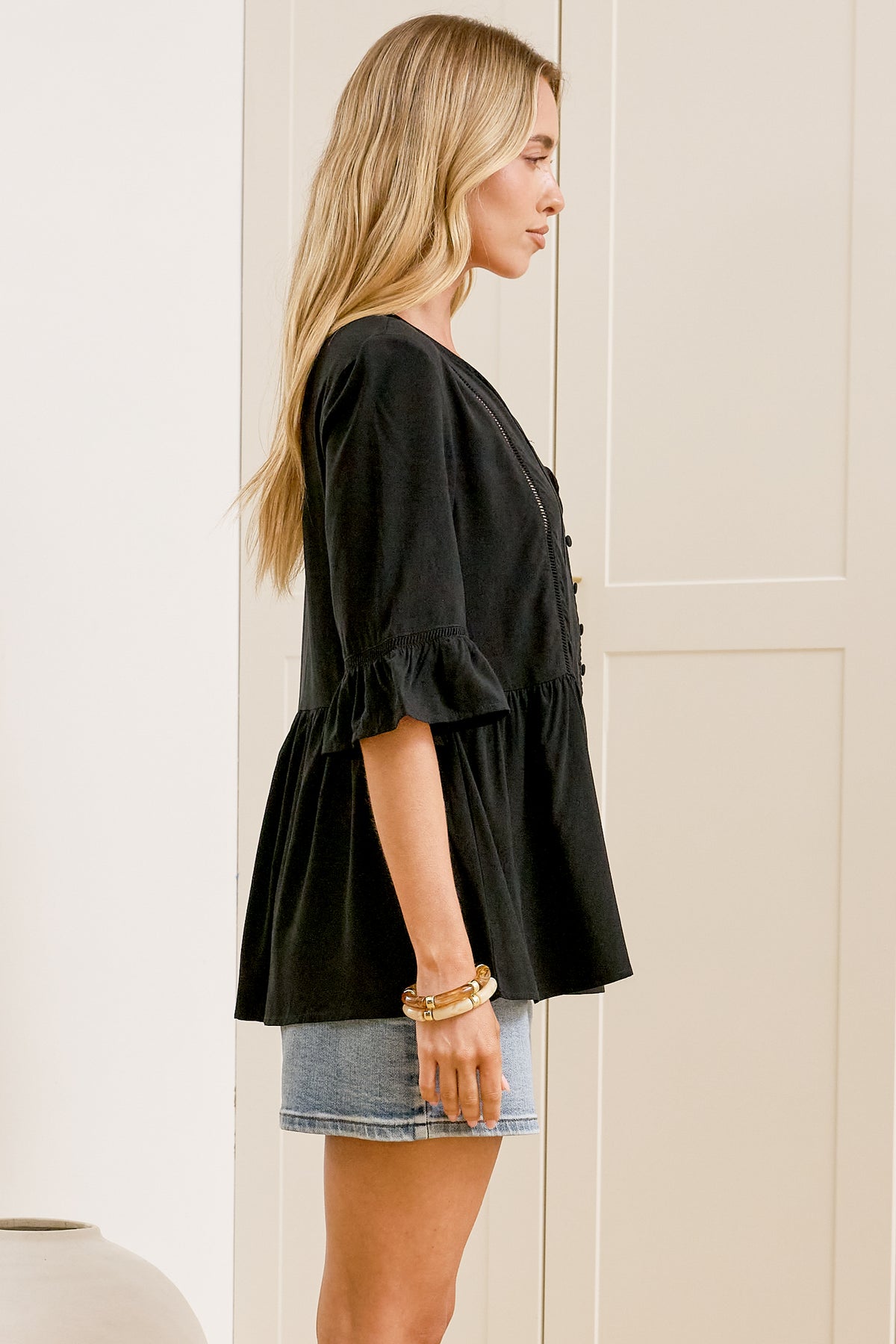 Dustin Top - Tie Neck Button Bodice Peplum Top with Frill Cuff 3/4 Sleeves in Black