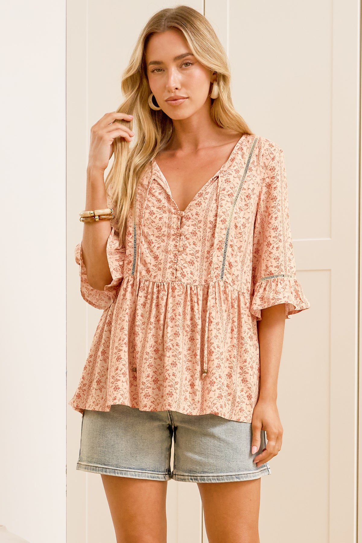 Dustin Top - Tie Neck Button Bodice Peplum Top with Frill Cuff 3/4 Sleeves in Lian Print