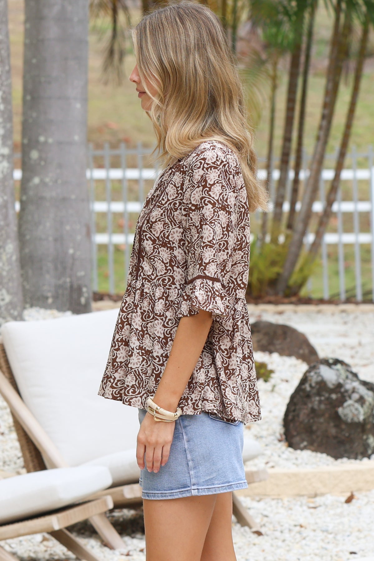 Dustin Top - Tie Neck Button Bodice Peplum Top with Frill Cuff 3/4 Sleeves in Micah Print Brown