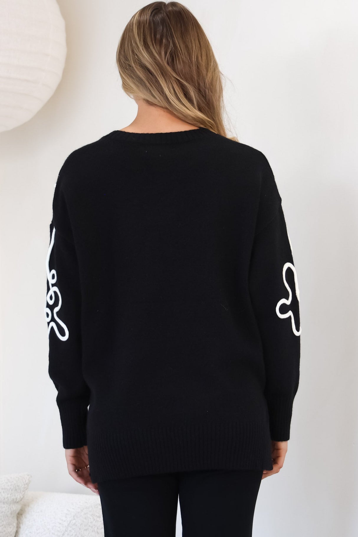 Edith Jumper - Crew Neck Abstract Floral Decal Jumper in Black