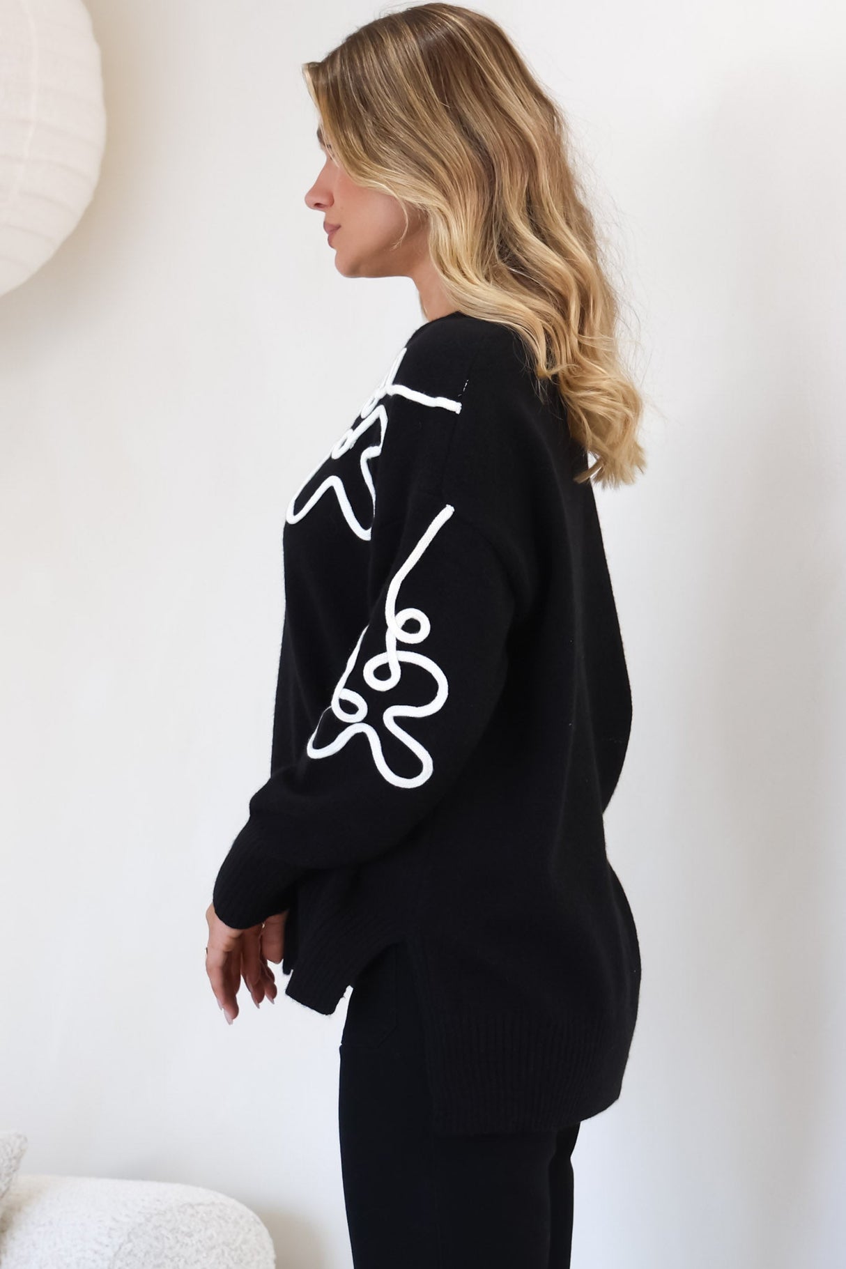 Edith Jumper - Crew Neck Abstract Floral Decal Jumper in Black