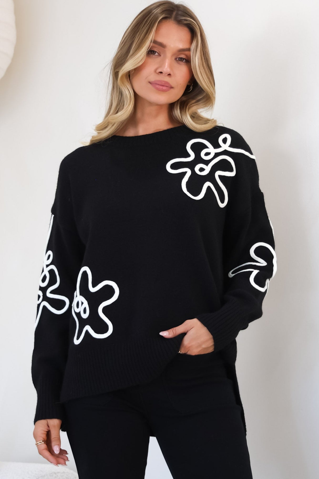 Edith Jumper - Crew Neck Abstract Floral Decal Jumper in Black