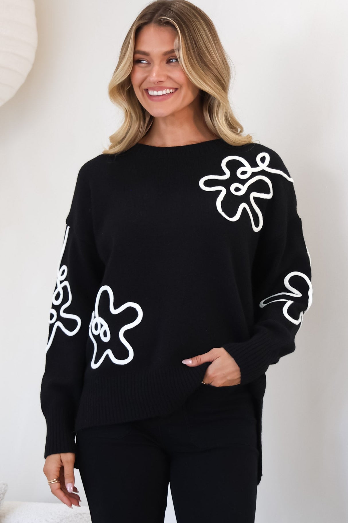 Edith Jumper - Crew Neck Abstract Floral Decal Jumper in Black