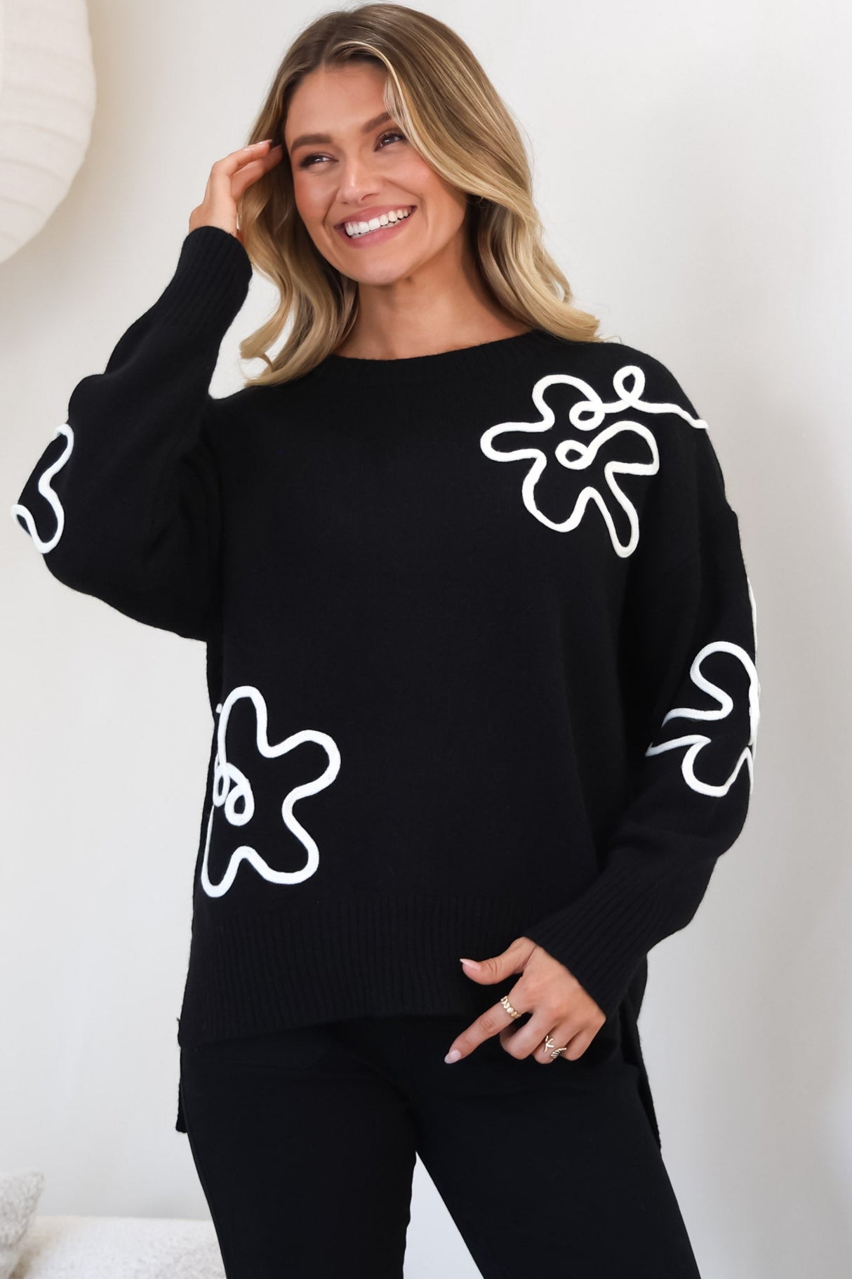 Edith Jumper - Crew Neck Abstract Floral Decal Jumper in Black